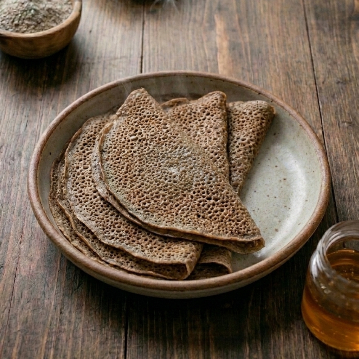 Galettes de sarrasin cuites pliées sur une assiette pour la recette de la pâte à galette bretonne.
