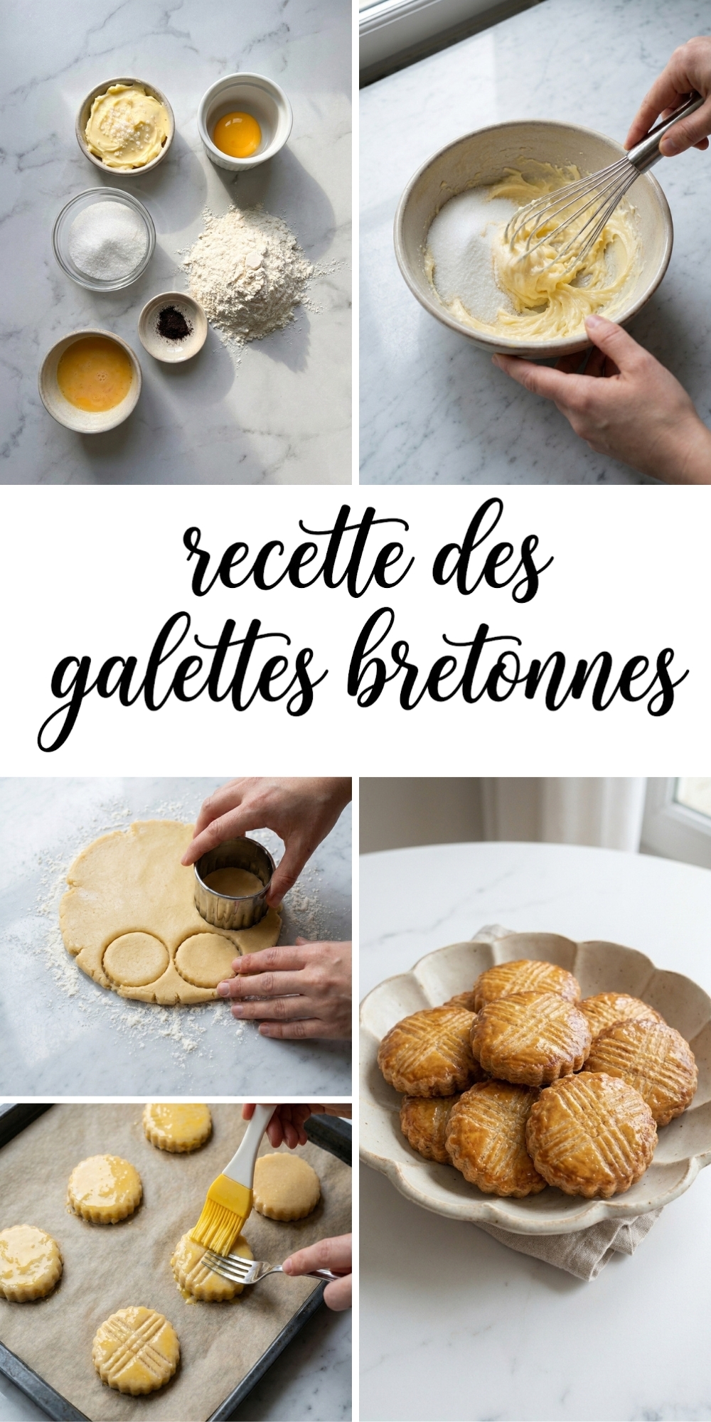 Infographie en plusieurs étapes montrant la préparation de la recette des galettes bretonnes.