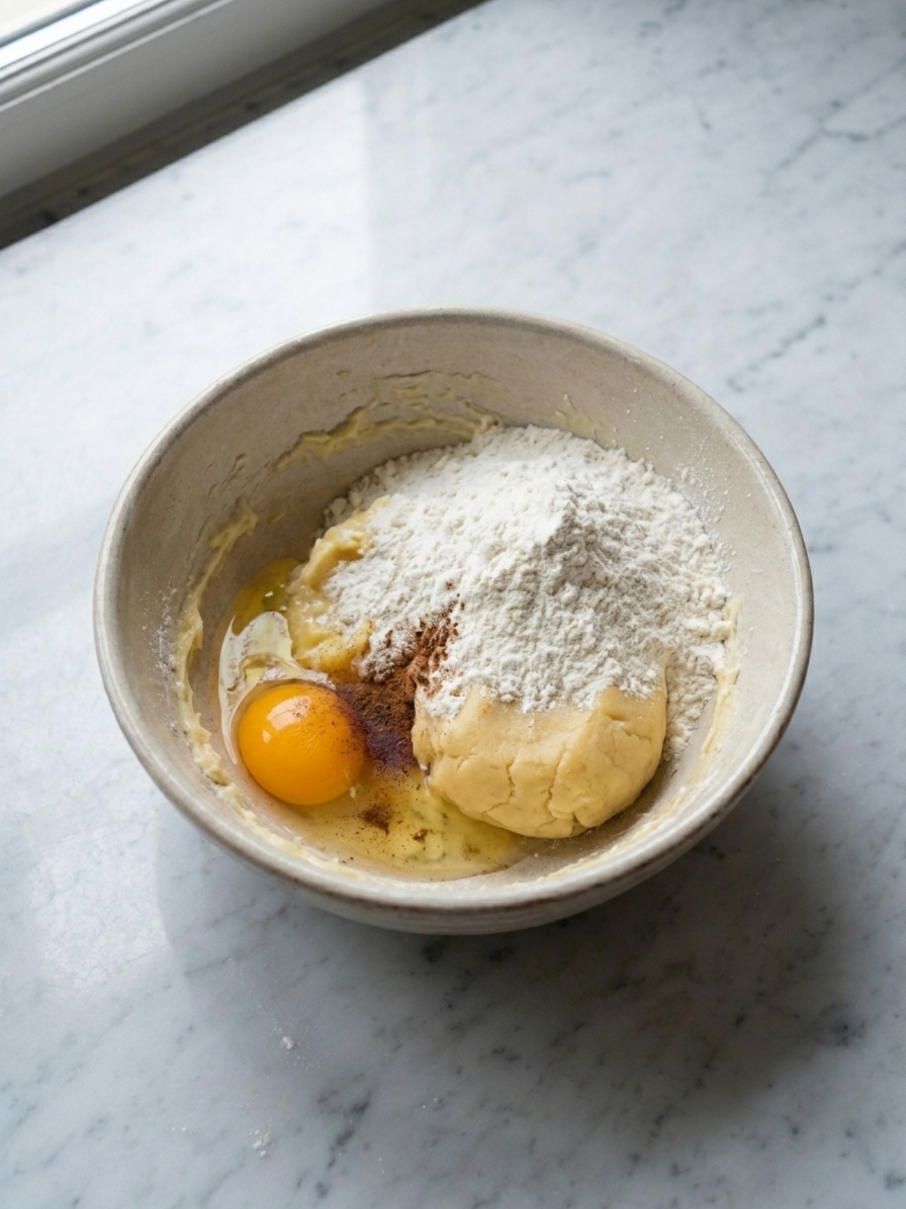 Ajout d'un œuf entier et de farine dans un bol pour la recette des galettes bretonnes sablées.