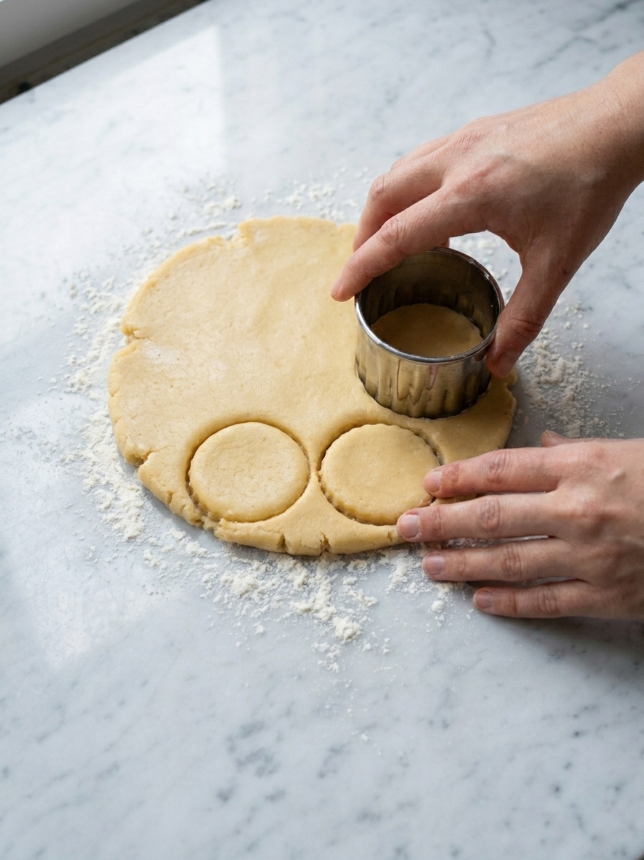 Mains découpant des ronds de pâte avec un emporte-pièce pour la recette des galettes bretonnes.