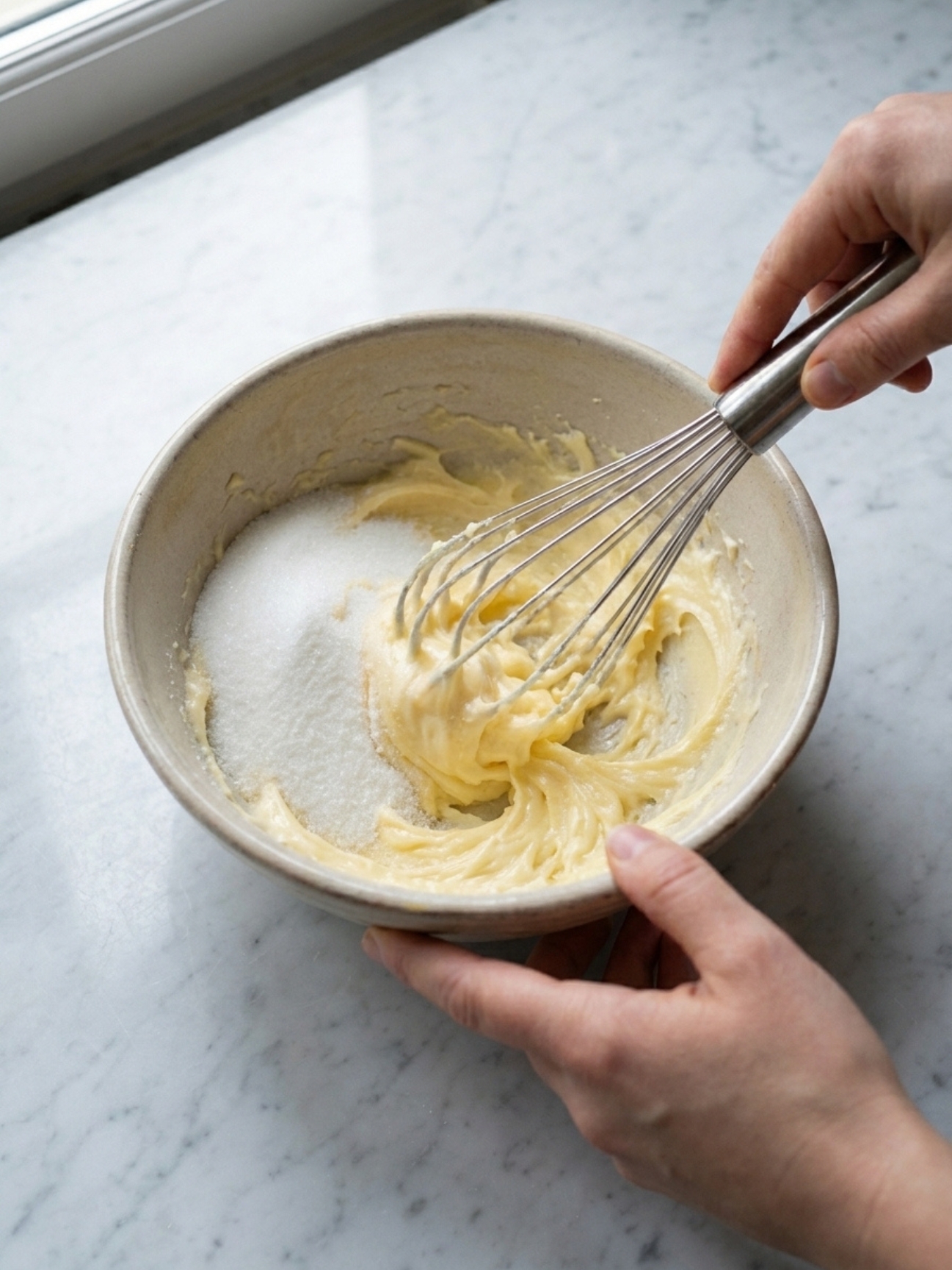 Un fouet mélange du sucre blanc et du beurre pommade dans un bol pour la recette des galettes bretonnes.