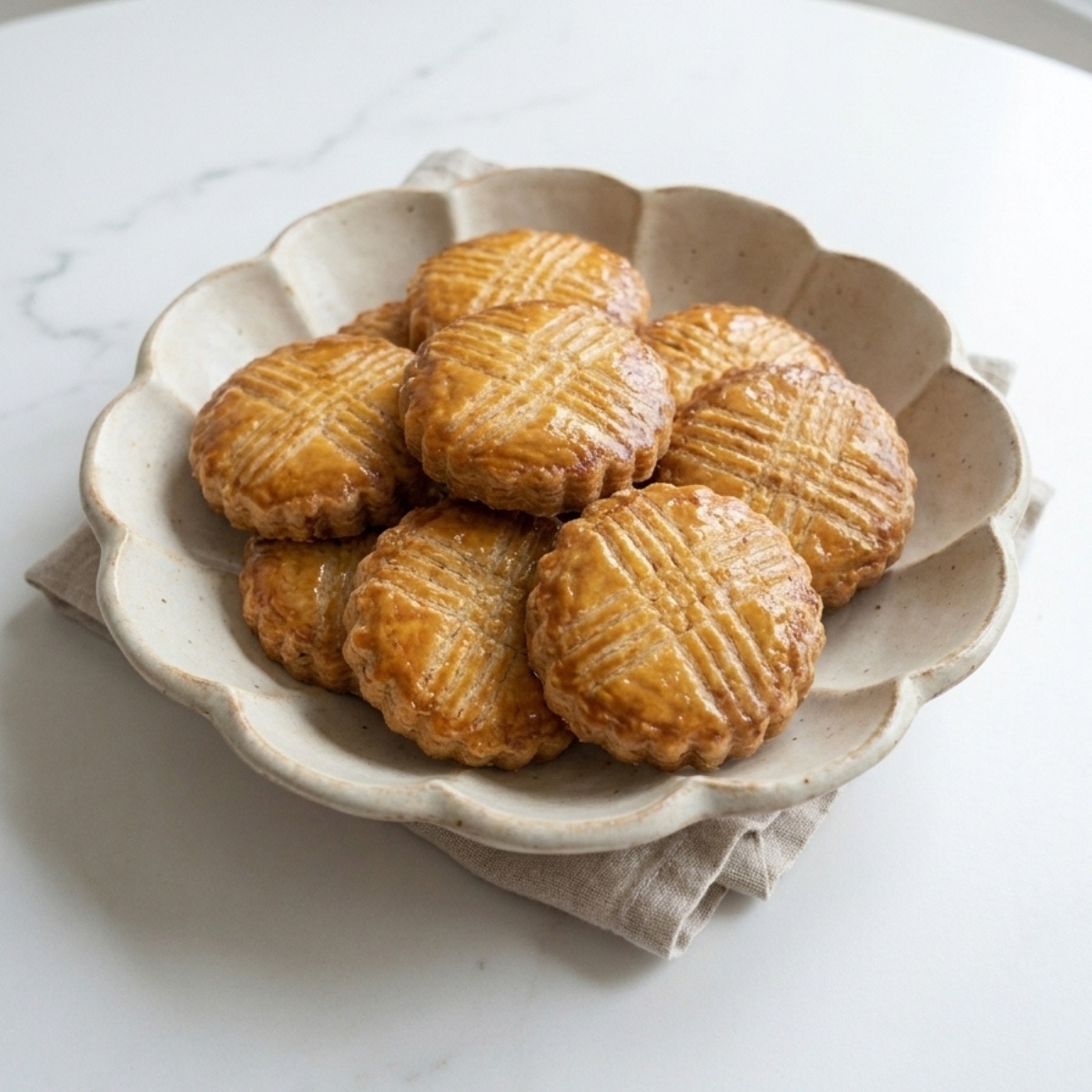 Assiette blanche remplie de biscuits dorés issus de la recette des galettes bretonnes traditionnelles.