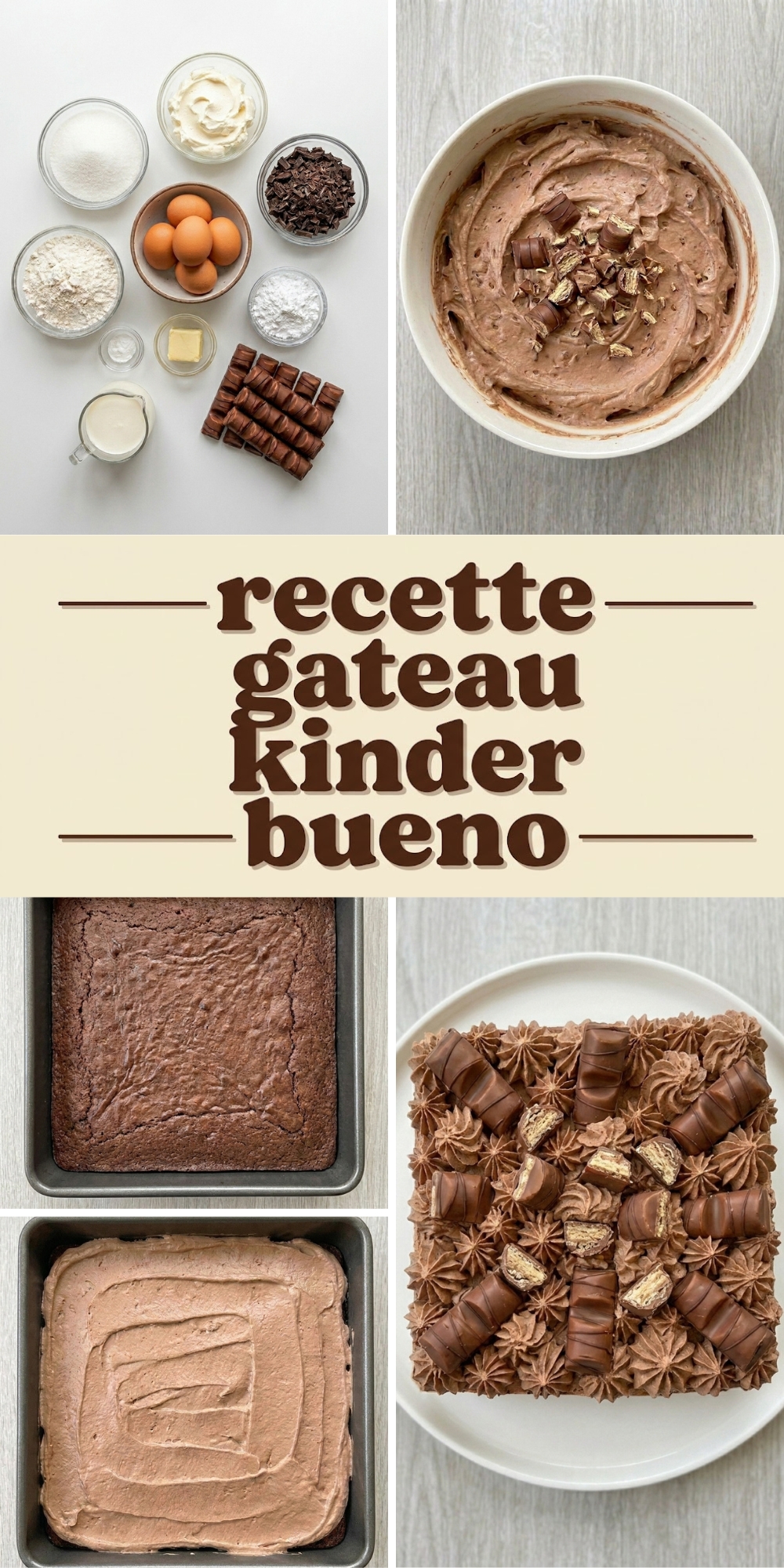 Collage de quatre photos montrant les étapes de la recette gateau kinder bueno avec du texte.