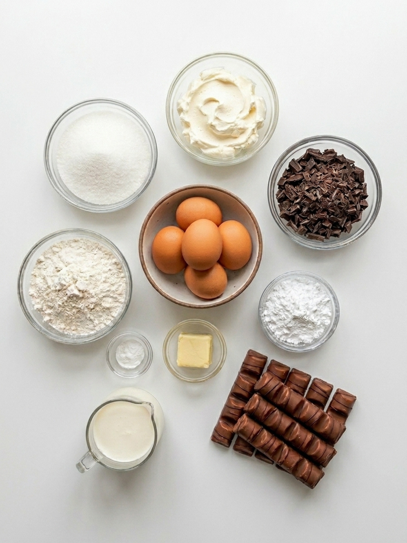 Ingrédients disposés sur fond blanc pour une recette gateau kinder bueno facile avec oeufs et chocolat.