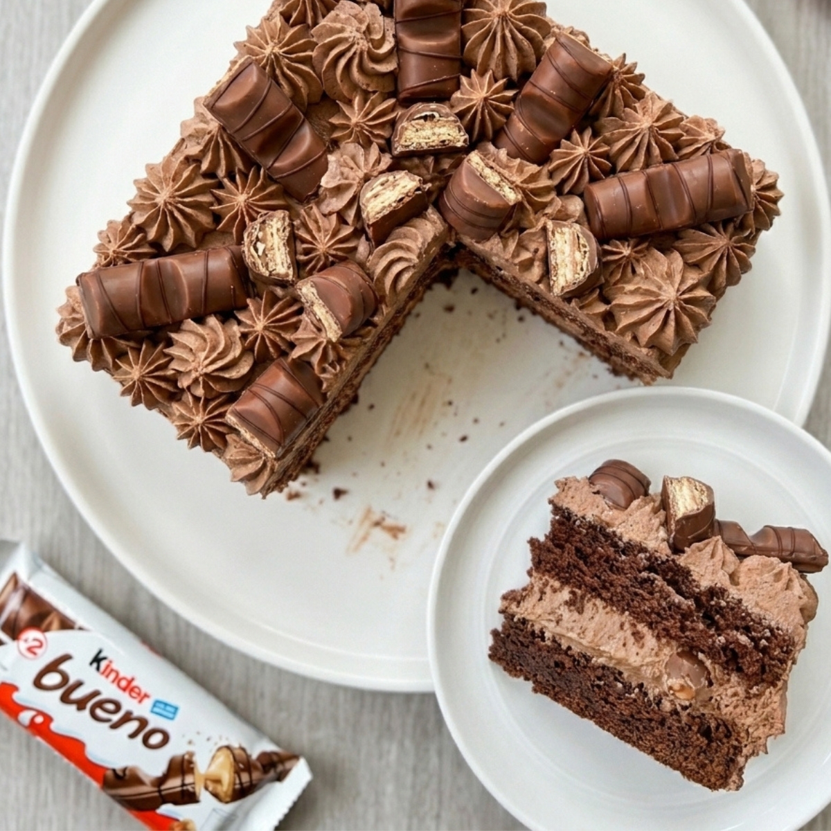 Une part coupée à côté d'un gâteau décoré de ganache pour la recette gateau au kinder bueno.