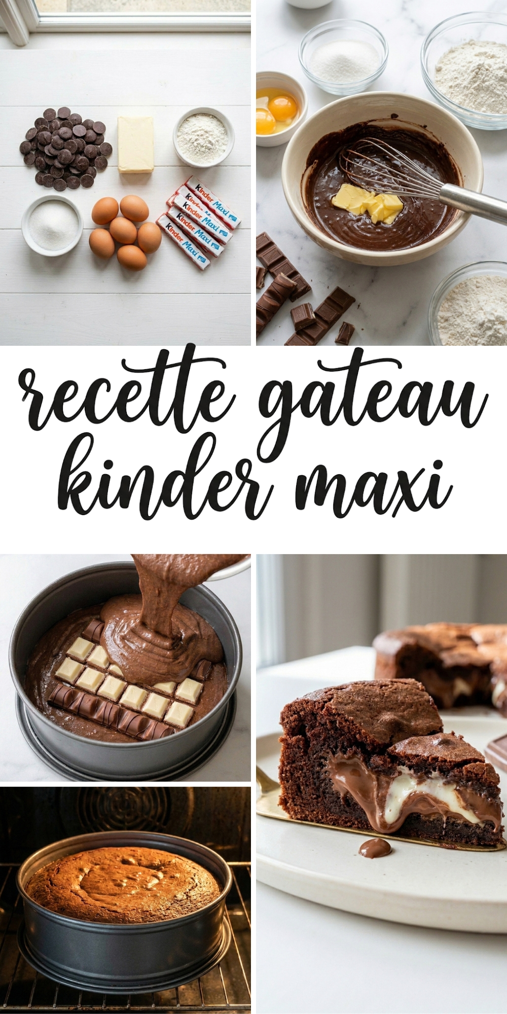 Collage complet des étapes de la recette gateau kinder maxi avec texte au centre.