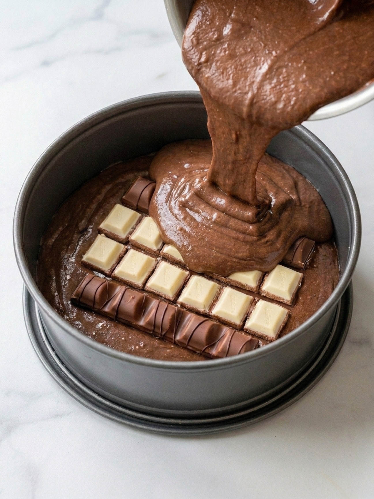 Ajout des barres chocolatées pour la recette gateau kinder maxi dans un moule rond.