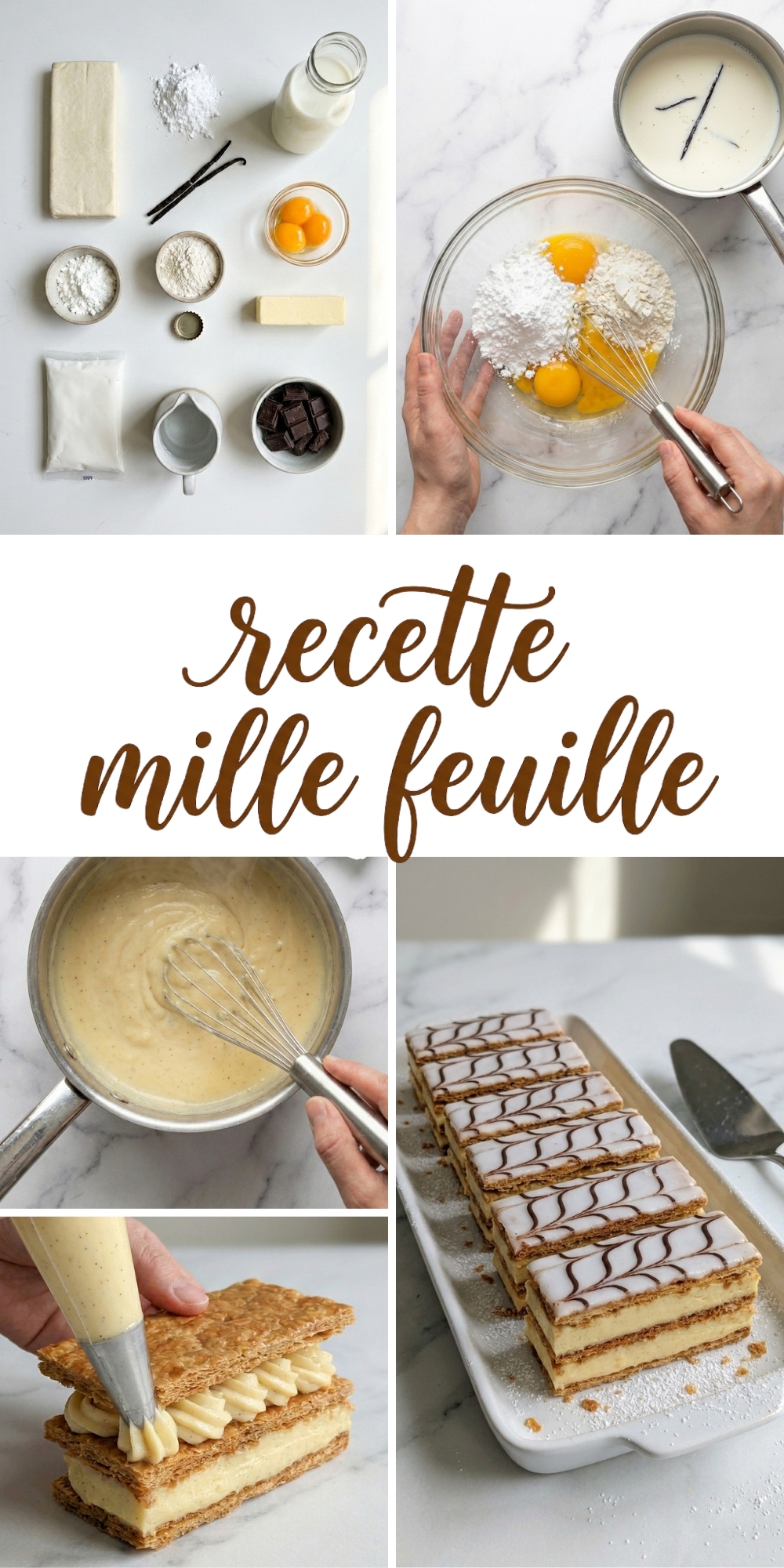 Collage d'images montrant les étapes de la recette mille feuille avec crème et pâte feuilletée.