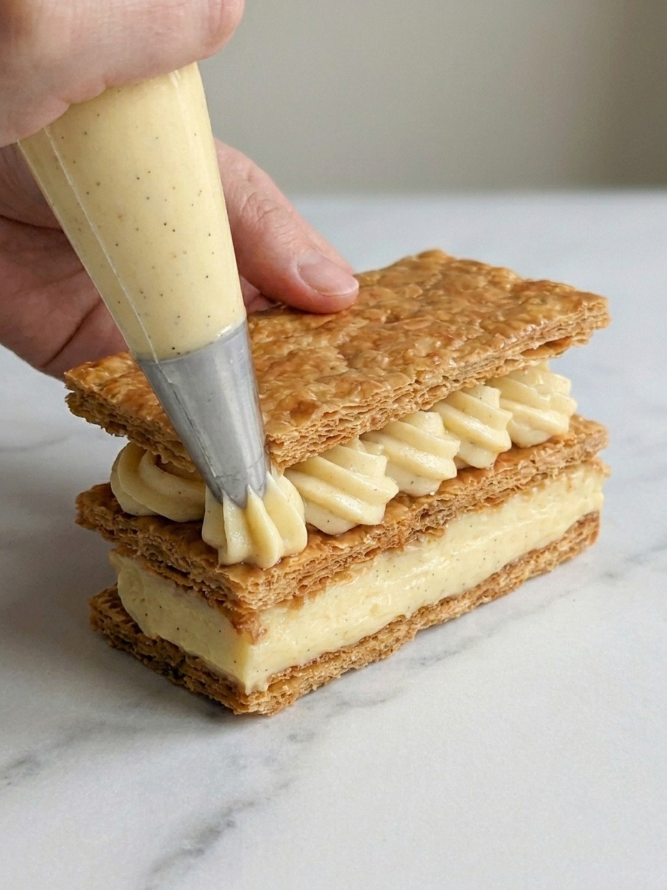 Poche à douille déposant de la crème sur une couche de pâte, recette mille feuille facile.