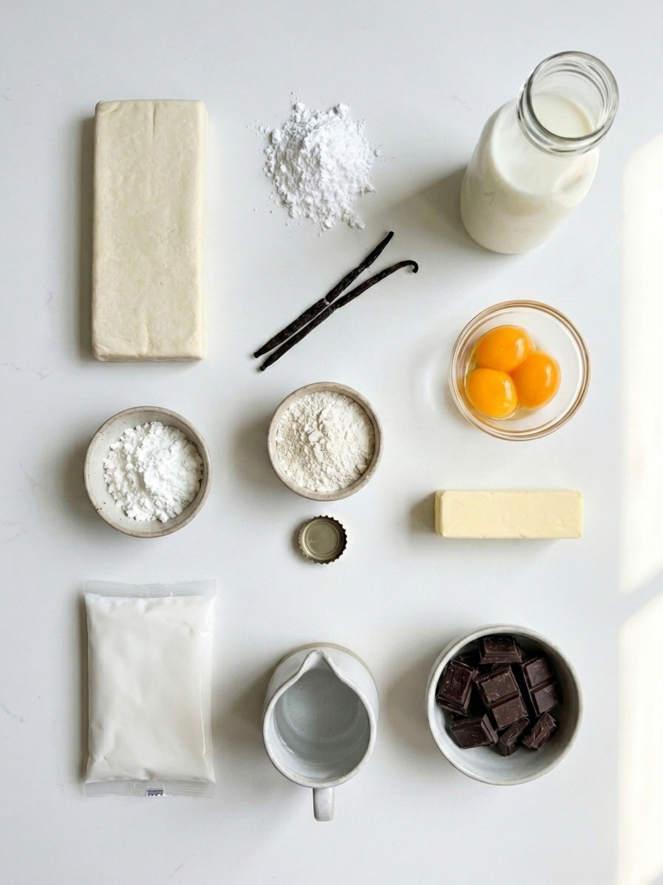 Ingrédients disposés à plat sur une table blanche pour la recette mille feuille maison.