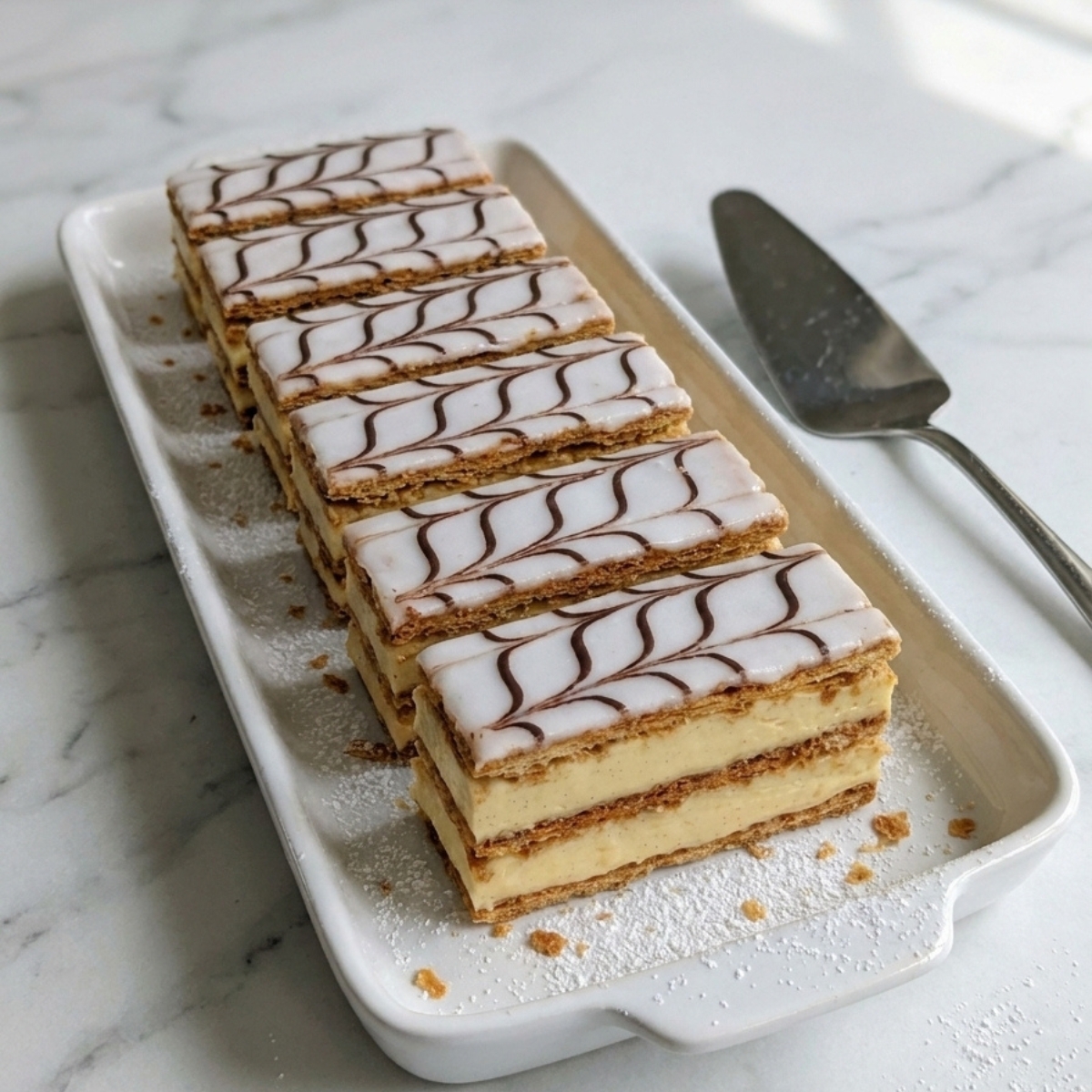 Un plateau avec plusieurs mille feuilles maison glacés et parfaits, recette mille feuille.
