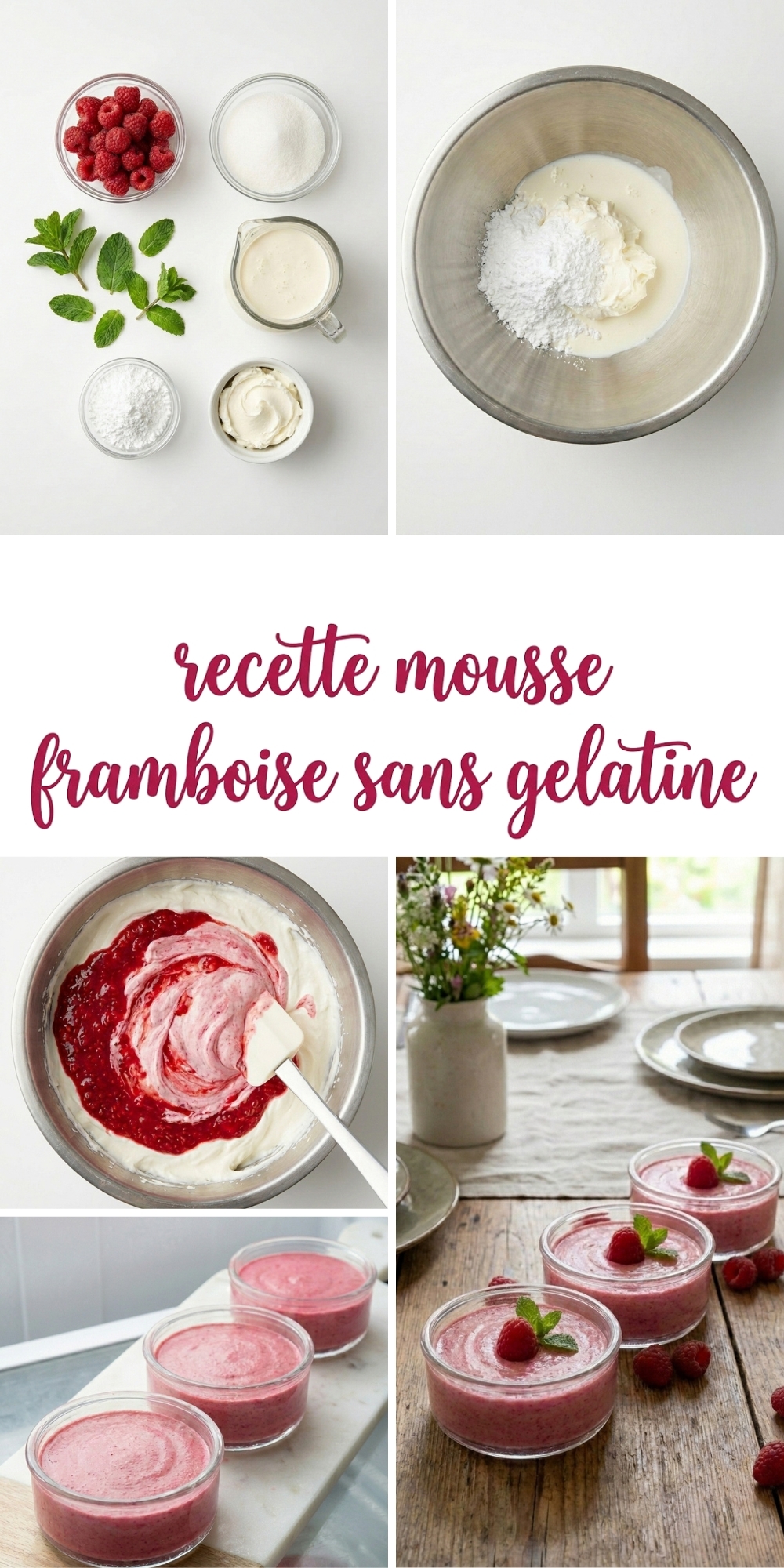 Un collage vertical montrant les ingrédients, la préparation et les verrines de mousse framboise.