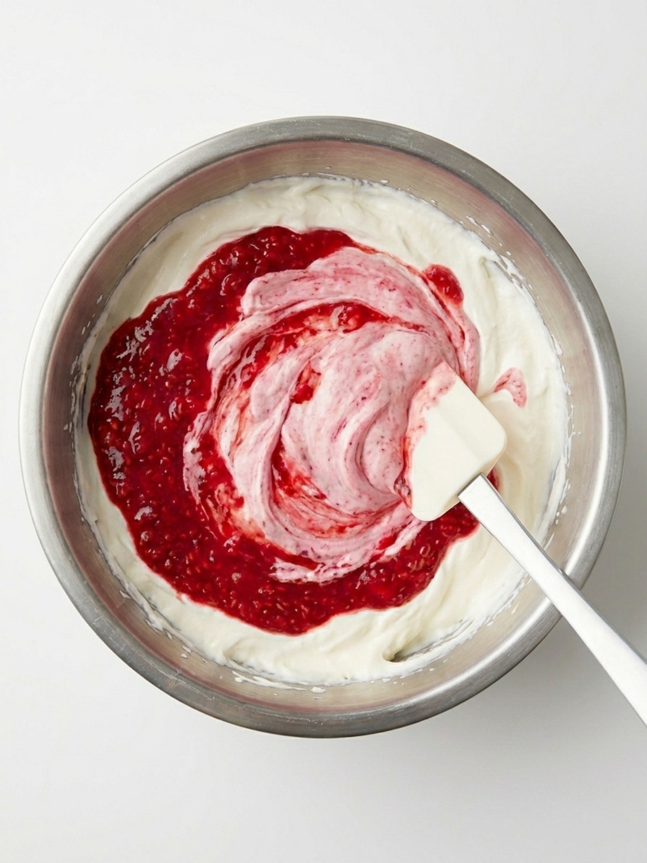 Une maryse blanche mélangeant délicatement un coulis de framboise rouge vif dans une crème blanche.