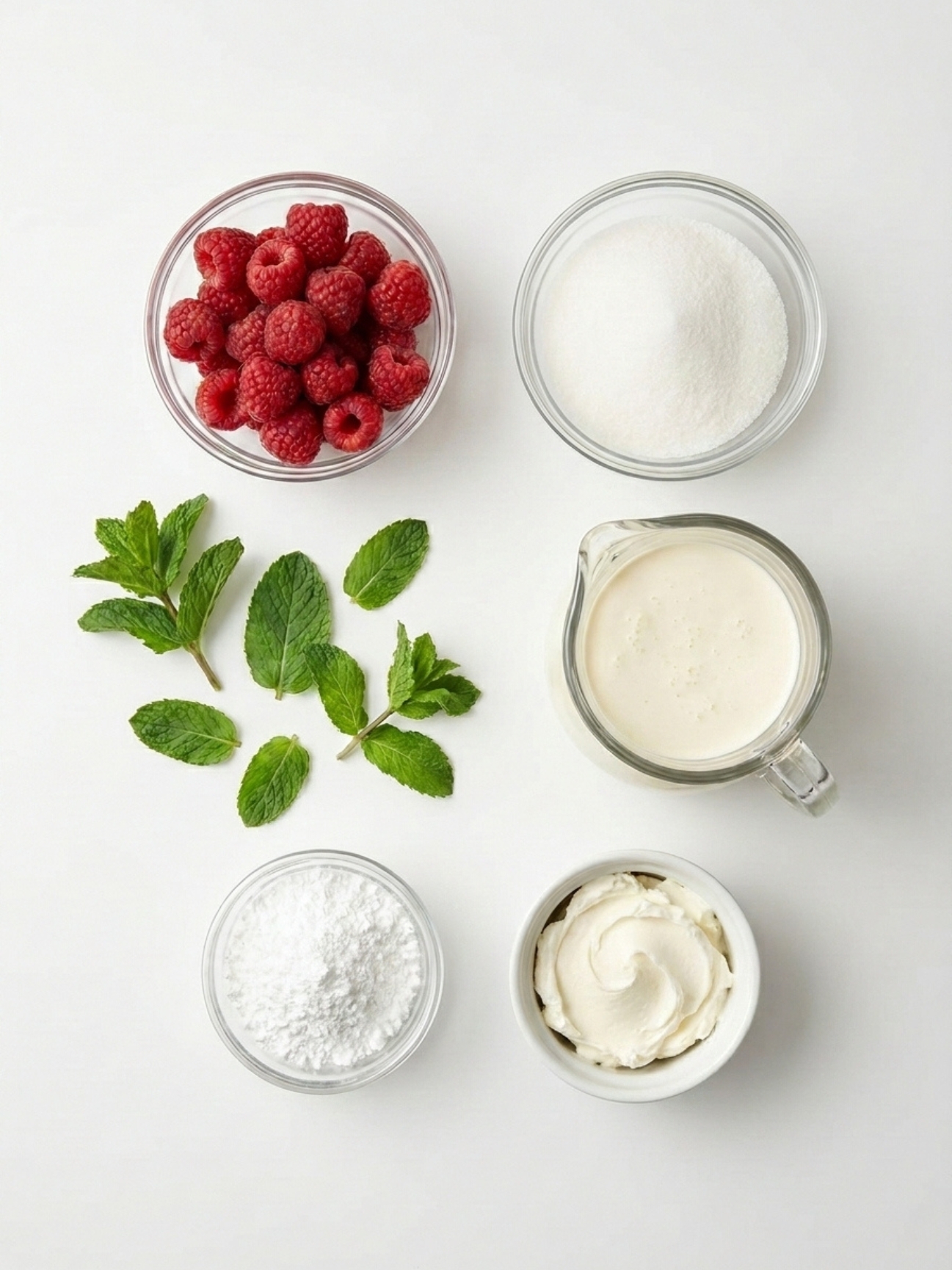 Ingrédients disposés à plat comprenant des framboises fraîches, de la crème, du sucre et du mascarpone.