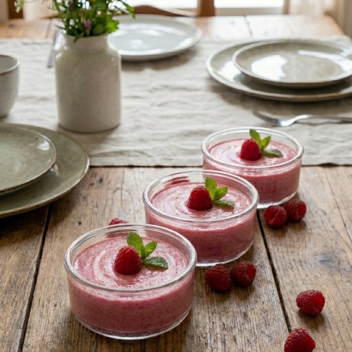 Trois verrines de mousse rose sur une table en bois décorées de framboises entières et de menthe.