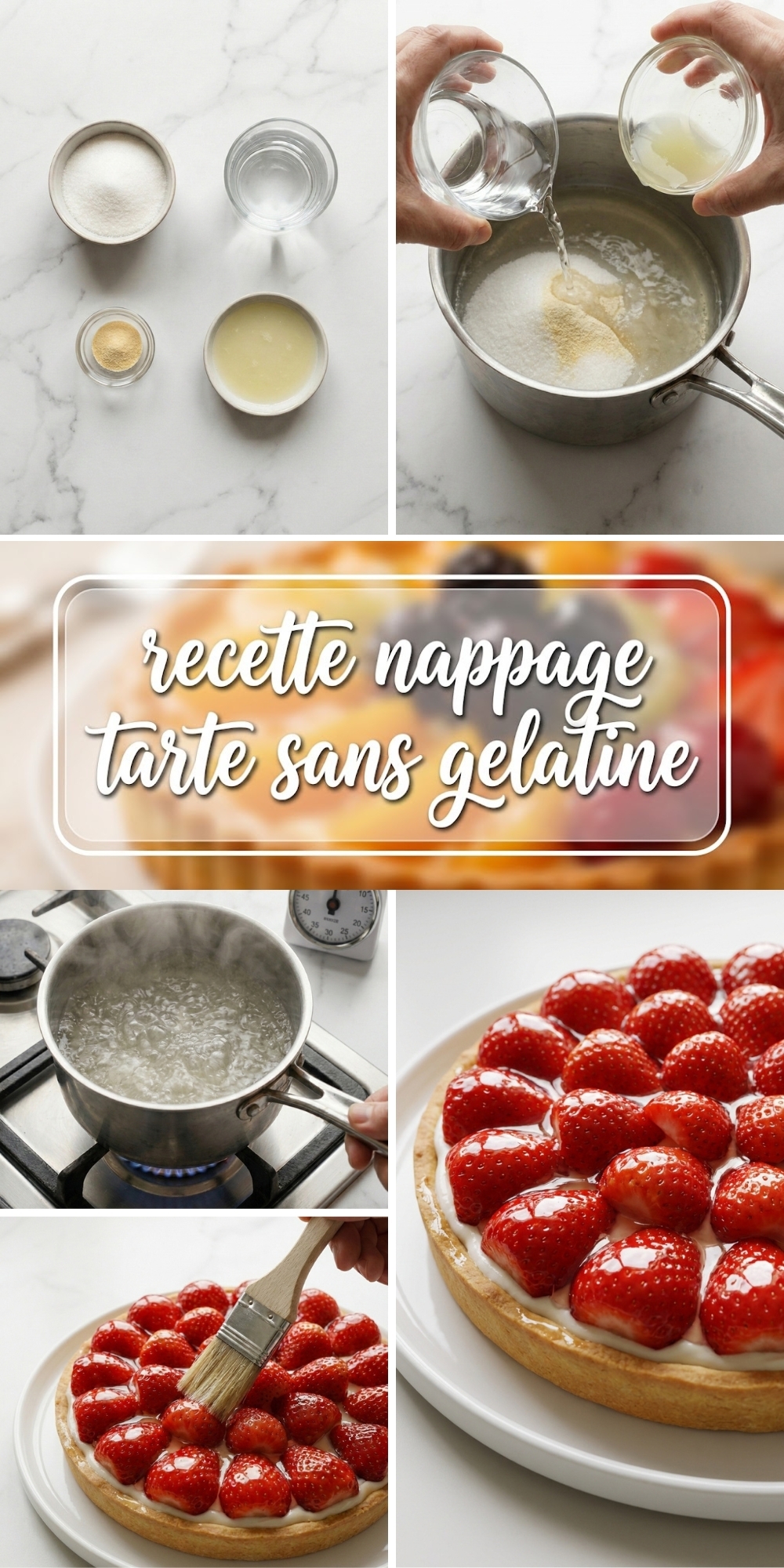 Une délicieuse tarte aux fraises brillante avec le texte recette nappage tarte sans gelatine.