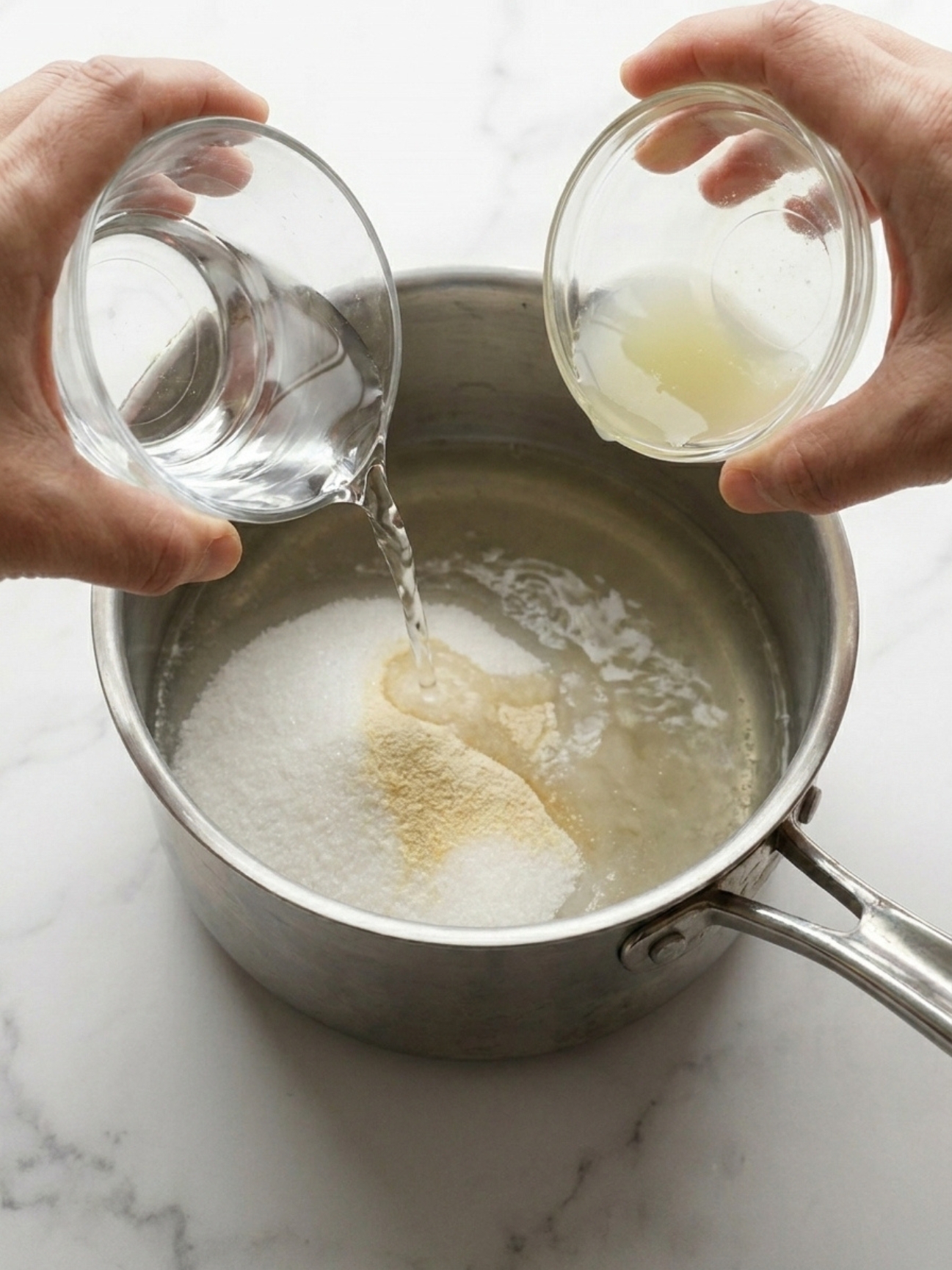 Deux mains versent de l'eau et du citron dans une casserole, recette nappage tarte sans gelatine.