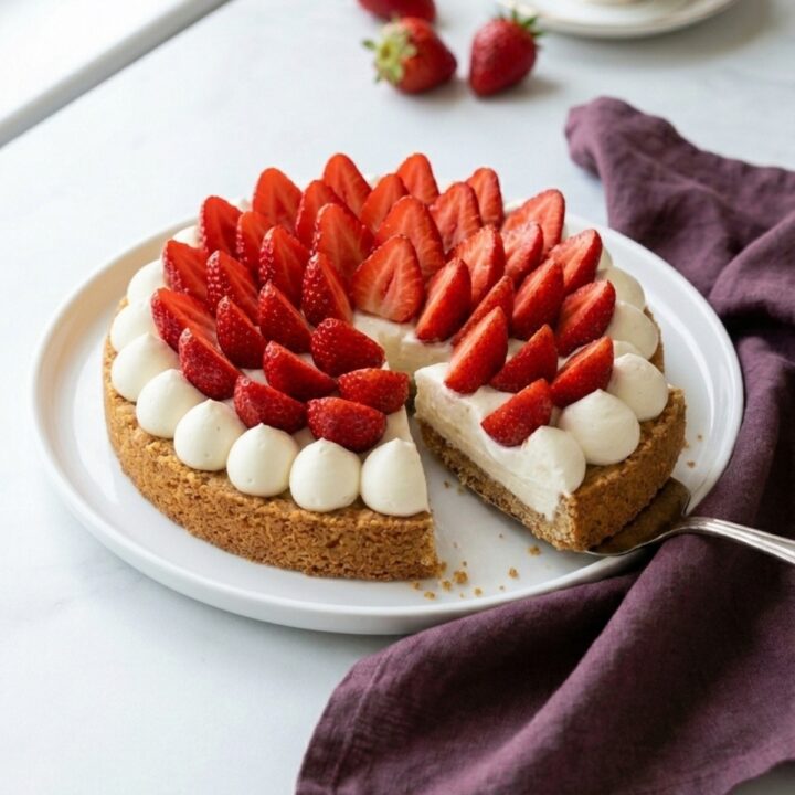 Part coupée de la tarte fraises mascarpone sans cuisson sur une assiette.
