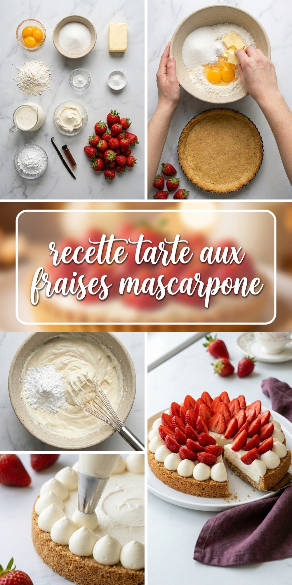 Infographie montrant les étapes de la recette tarte aux fraises mascarpone.