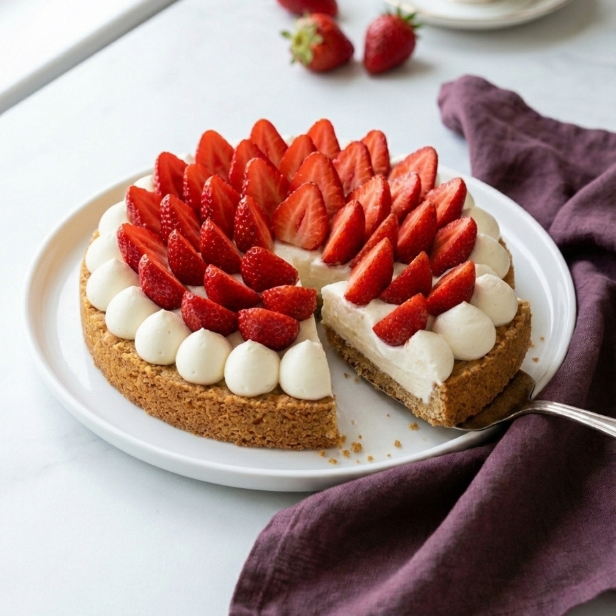 Part coupée de la tarte fraises mascarpone sans cuisson sur une assiette.