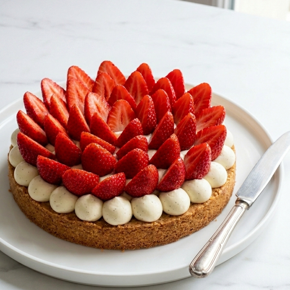 Tarte aux fraises terminée et brillante posée sur une assiette blanche avec un couteau.