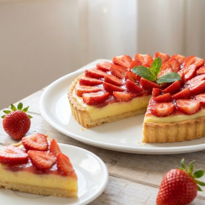 Une part coupée d'une magnifique tarte aux fraises thermomix décorée de menthe fraîche.