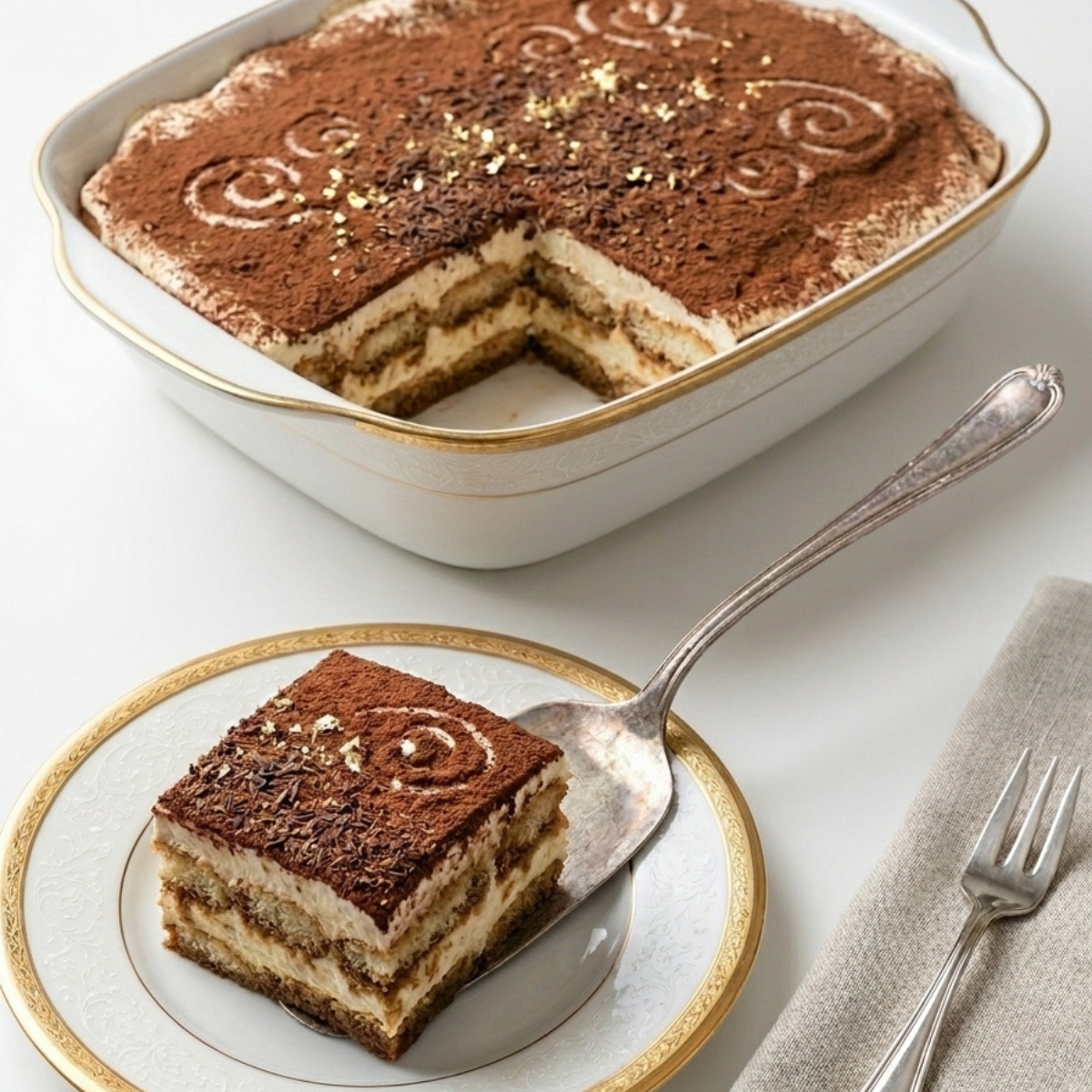 Un grand plat transparent rempli de tiramisu saupoudré de cacao à côté d'une part sur une assiette.
