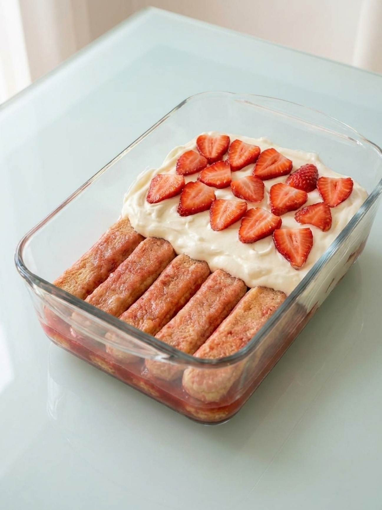 Biscuits à la cuillère imbibés et crème dans un plat pour le tiramisu aux fraises.