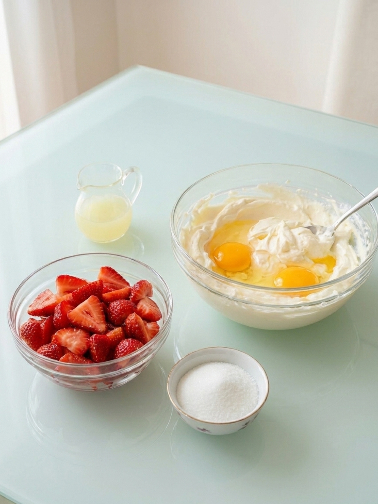Un plat en verre transparent rempli d'un tiramisu aux fraises avec une part servie.