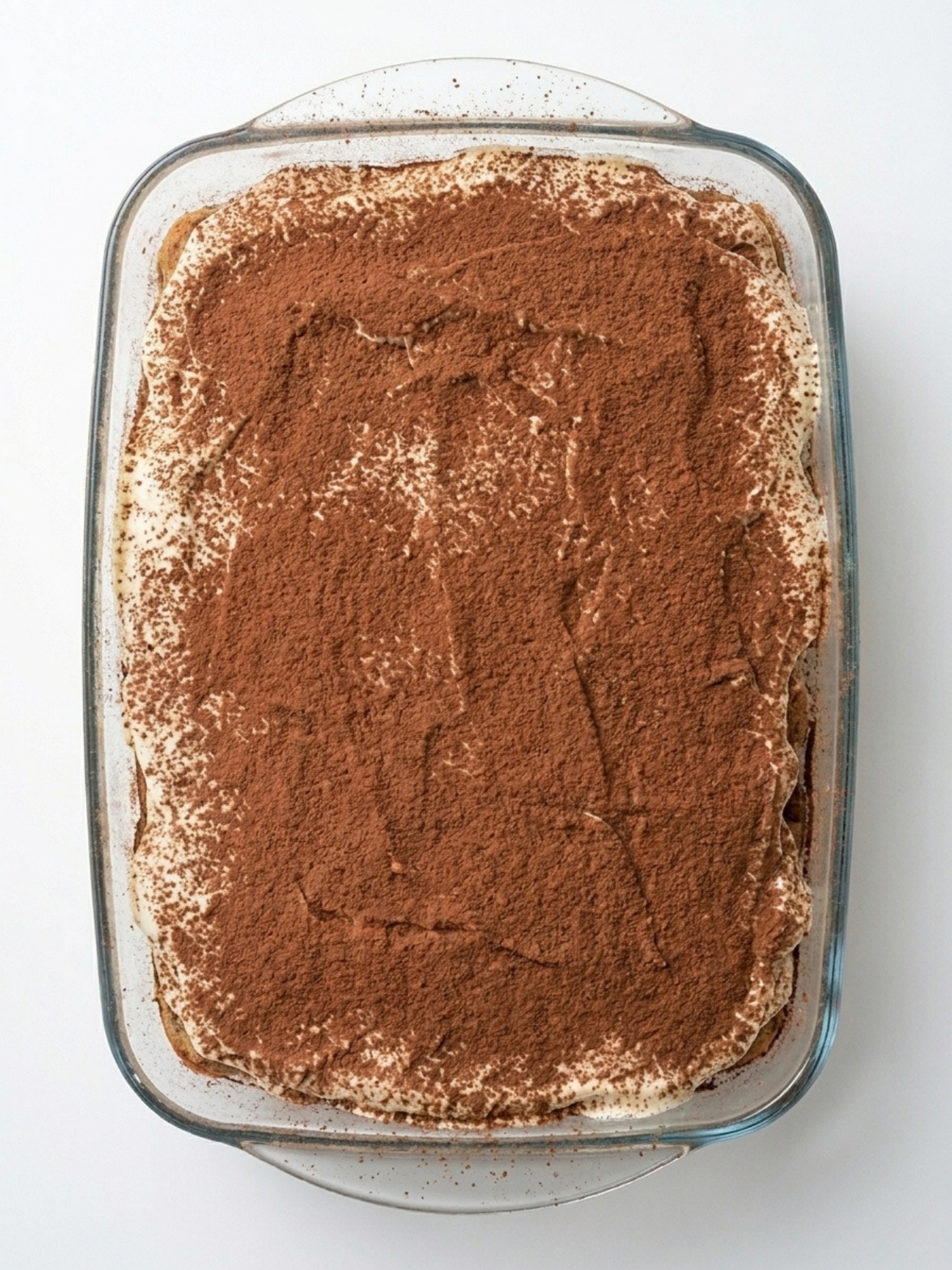 Vue du dessus d'un tiramisu familial entièrement recouvert d'un nuage de cacao en poudre amer.