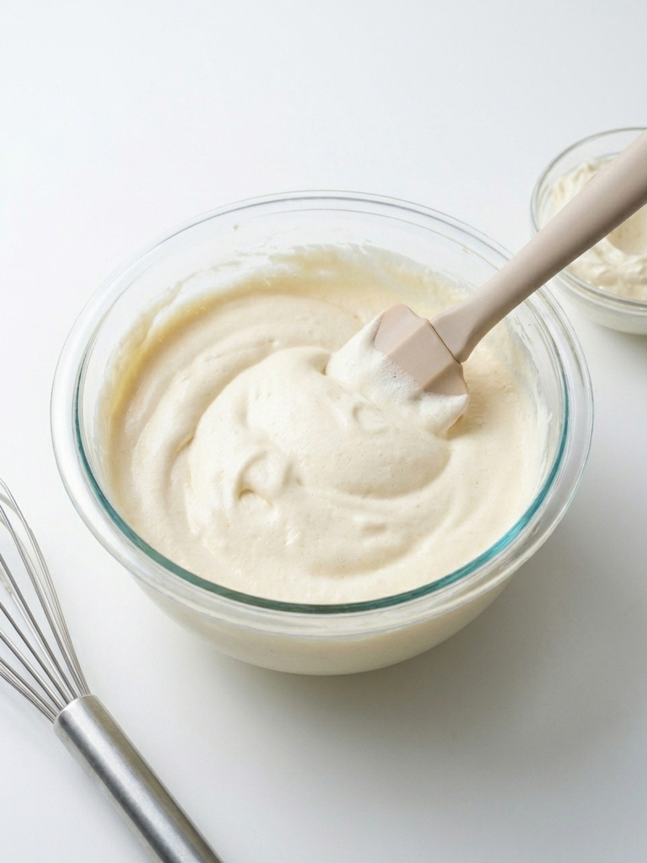 Une préparation de crème blanche pour tiramisu mascarpone fouettée dans un grand bol en verre.