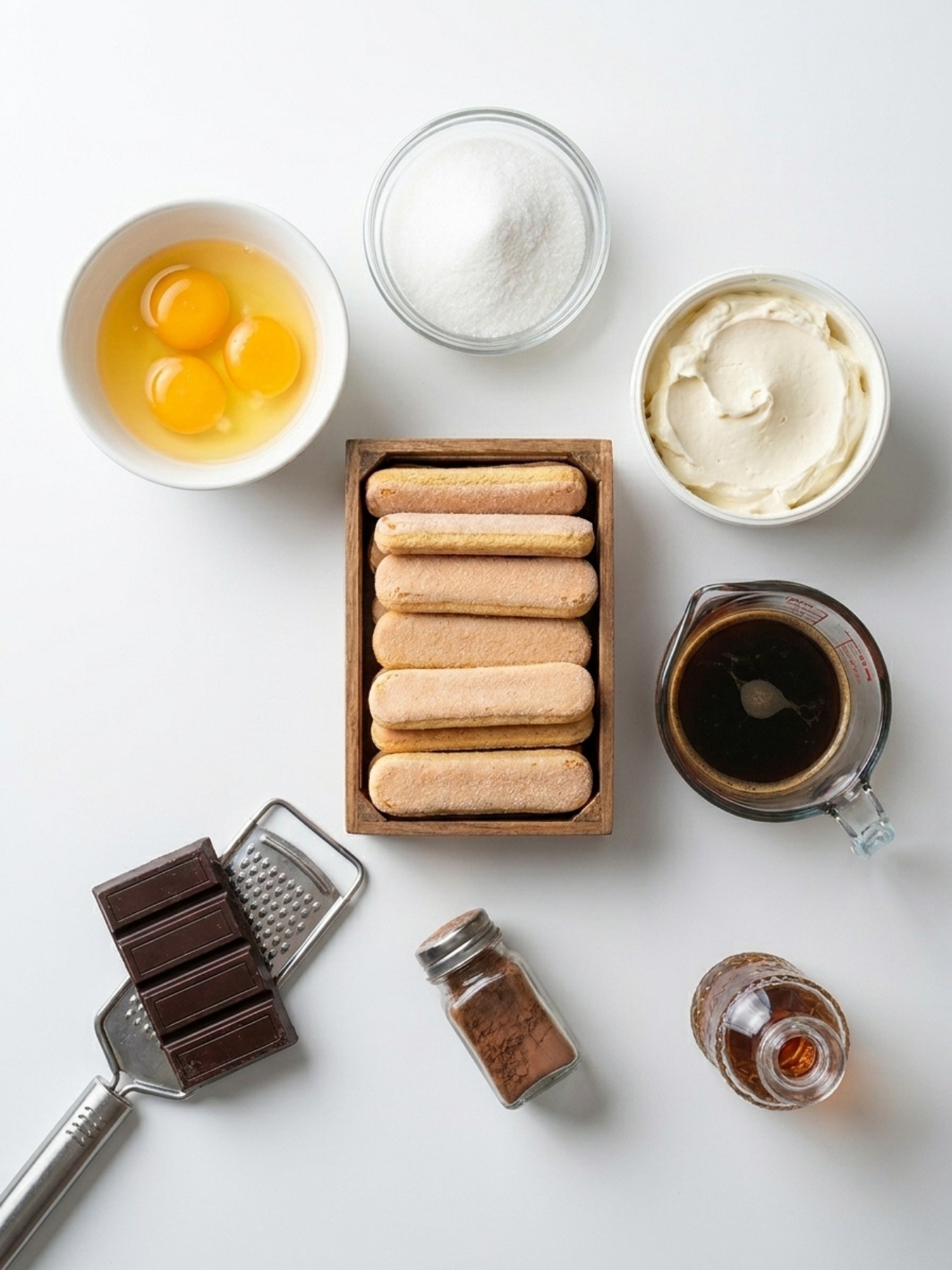 Vue du dessus des ingrédients du tiramisu comme le mascarpone, les œufs et le biscuit à la cuillère.