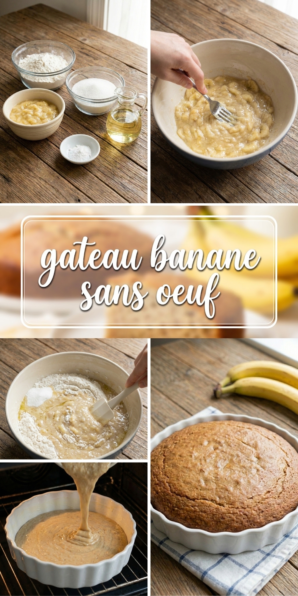 Épingle Pinterest montrant plusieurs étapes de la recette du gateau banane sans oeuf.