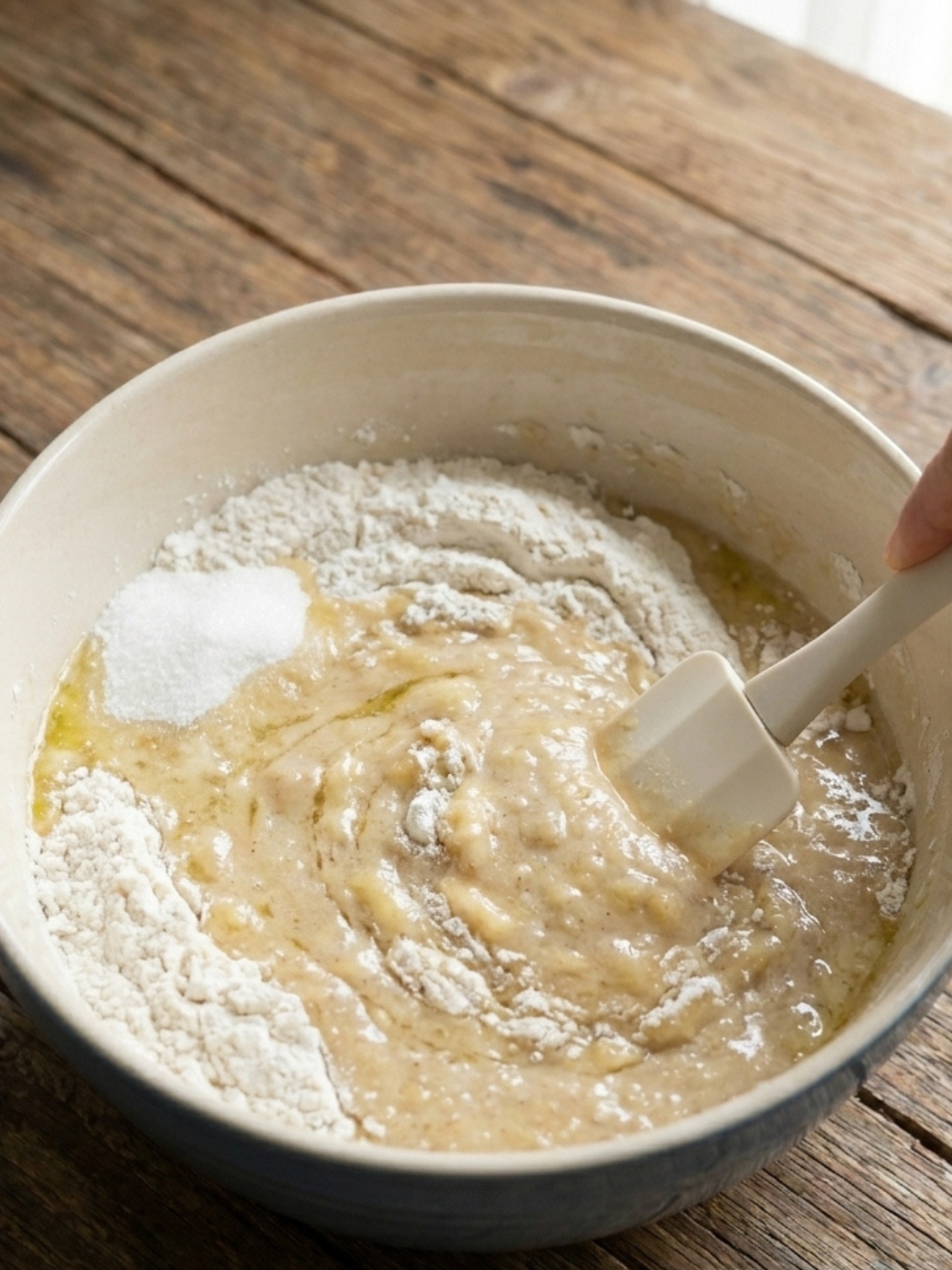 Une spatule blanche mélangeant la pâte homogène dans un grand bol pour le gateau banane sans oeuf.