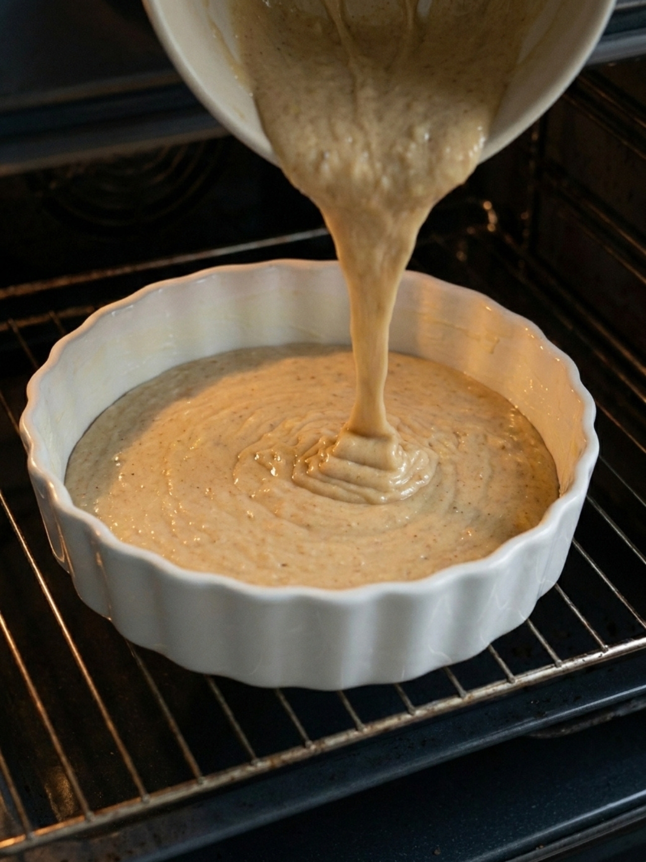 Pâte onctueuse versée délicatement dans un moule blanc rond pour le gateau banane sans oeuf.