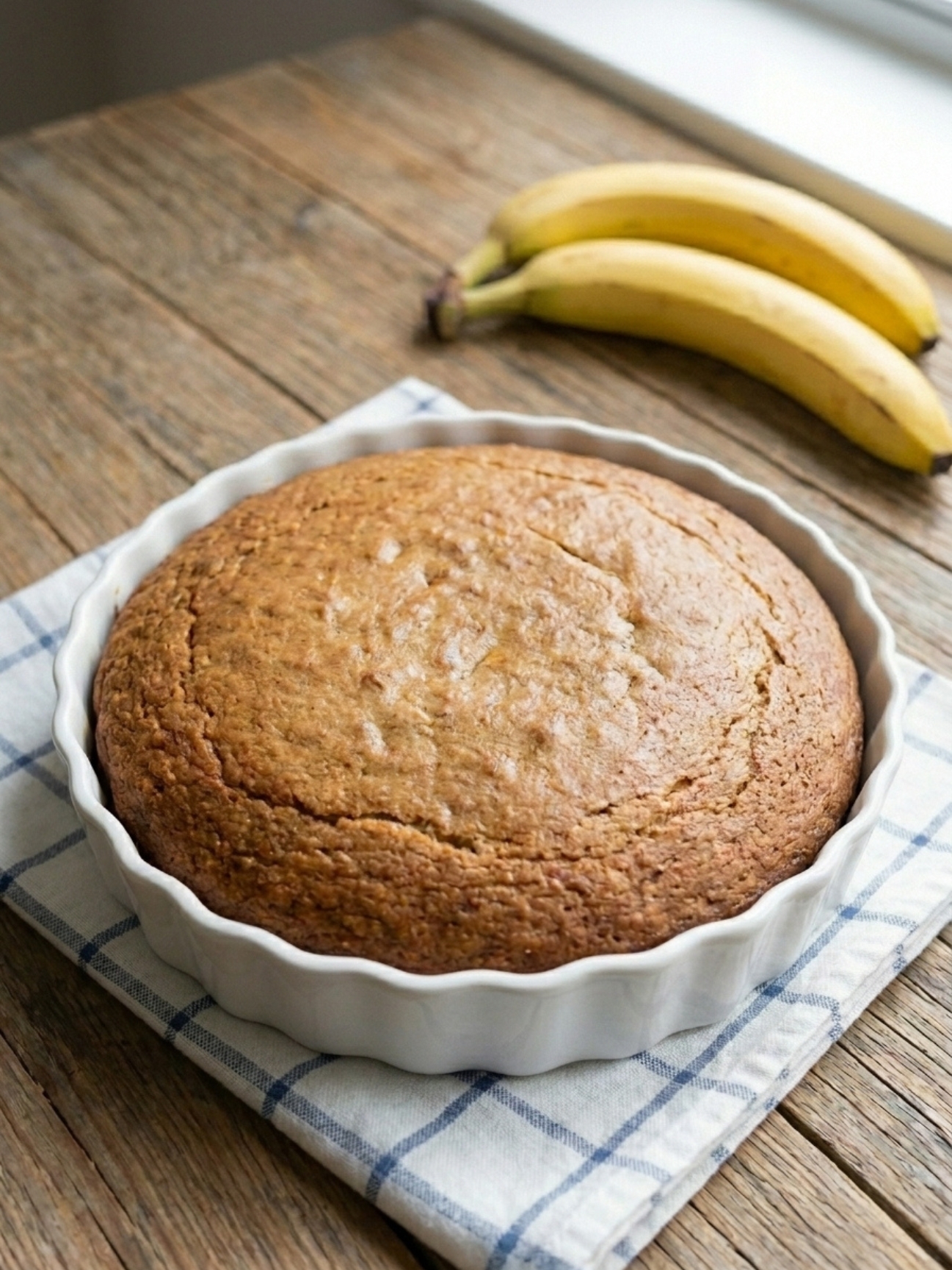 Un gâteau bien doré et moelleux dans son moule blanc, à côté de bananes fraîches sur la table.