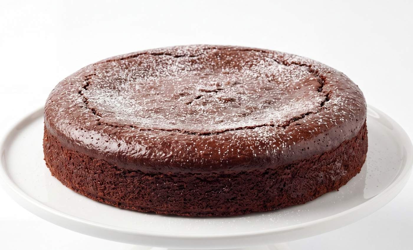 Gâteau au chocolat entier saupoudré de sucre glace.