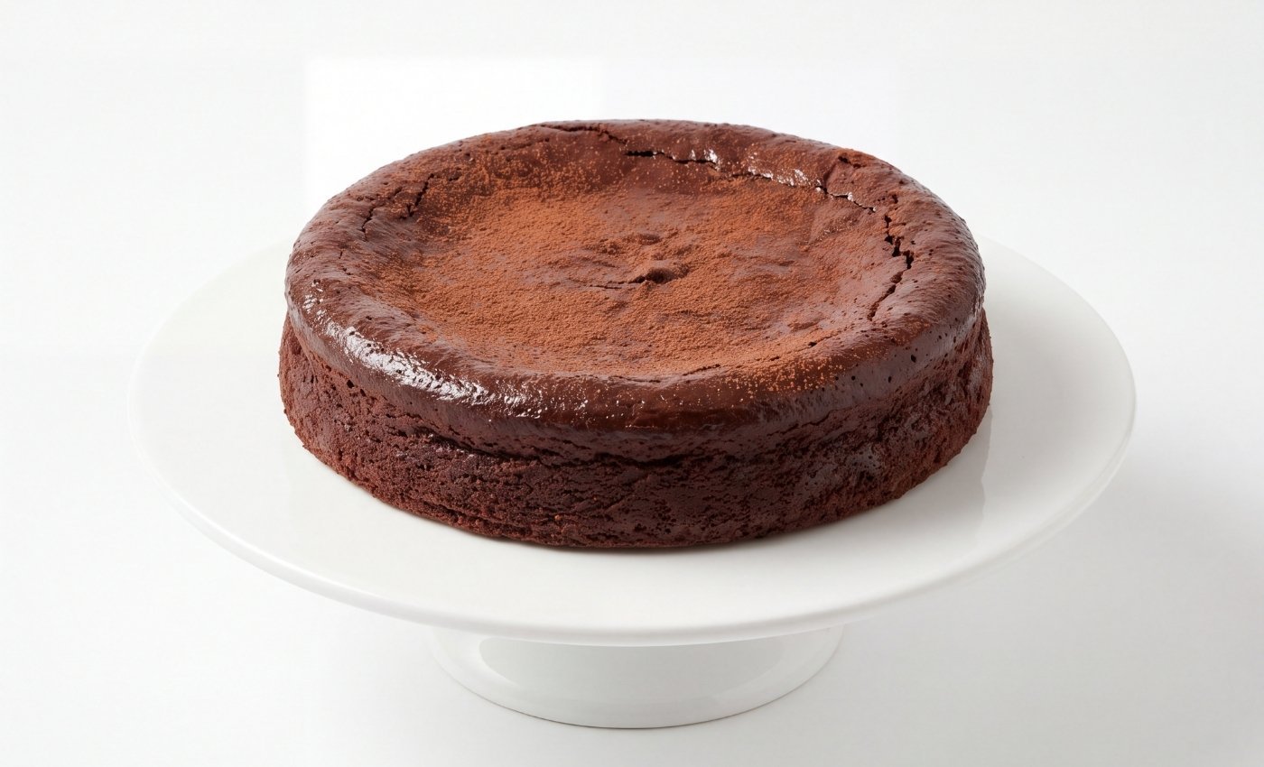 Gâteau au chocolat moelleux entier sur un présentoir blanc.