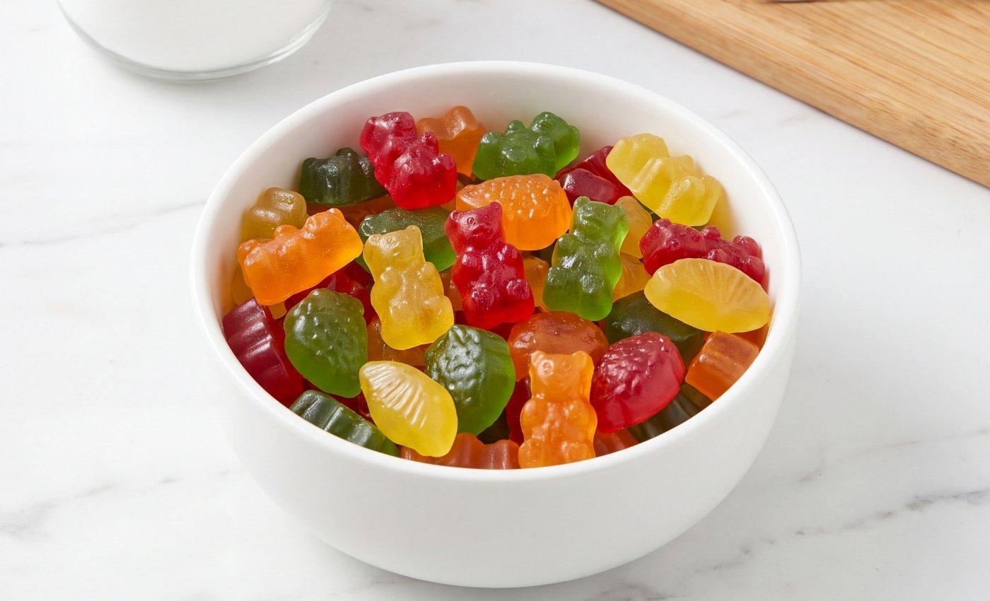 Assortiment de bonbons gélifiés sans sucre ajouté présentés dans un bol blanc.
