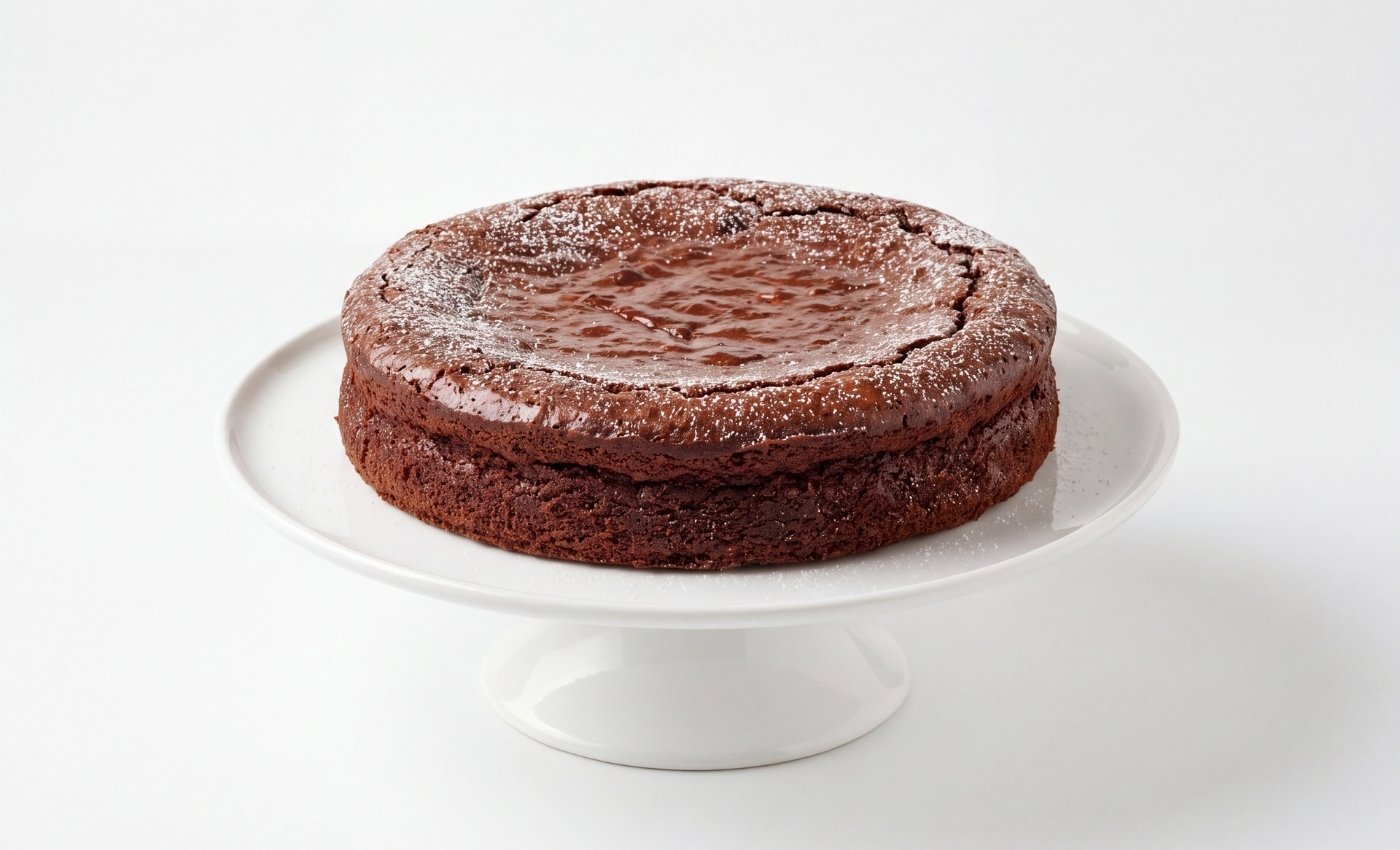 Gâteau au chocolat entier sur présentoir blanc.