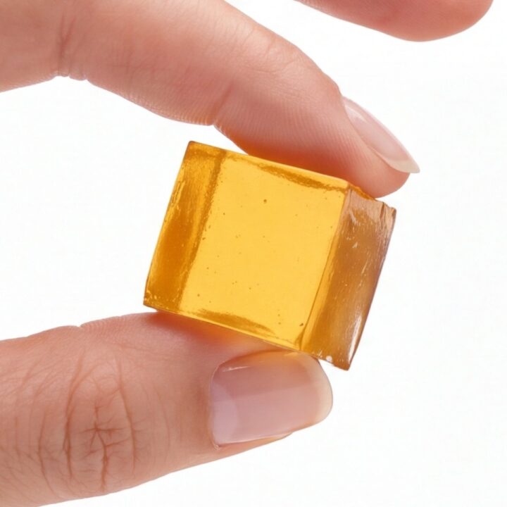 Close-up of fingers holding a single yellow gelatin cube.