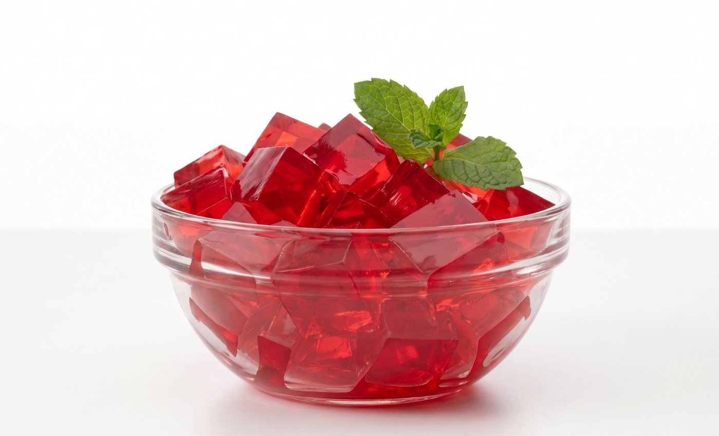 Bol en verre transparent rempli de cubes de gelée rouge vif, garnis d'une feuille de menthe fraîche.
