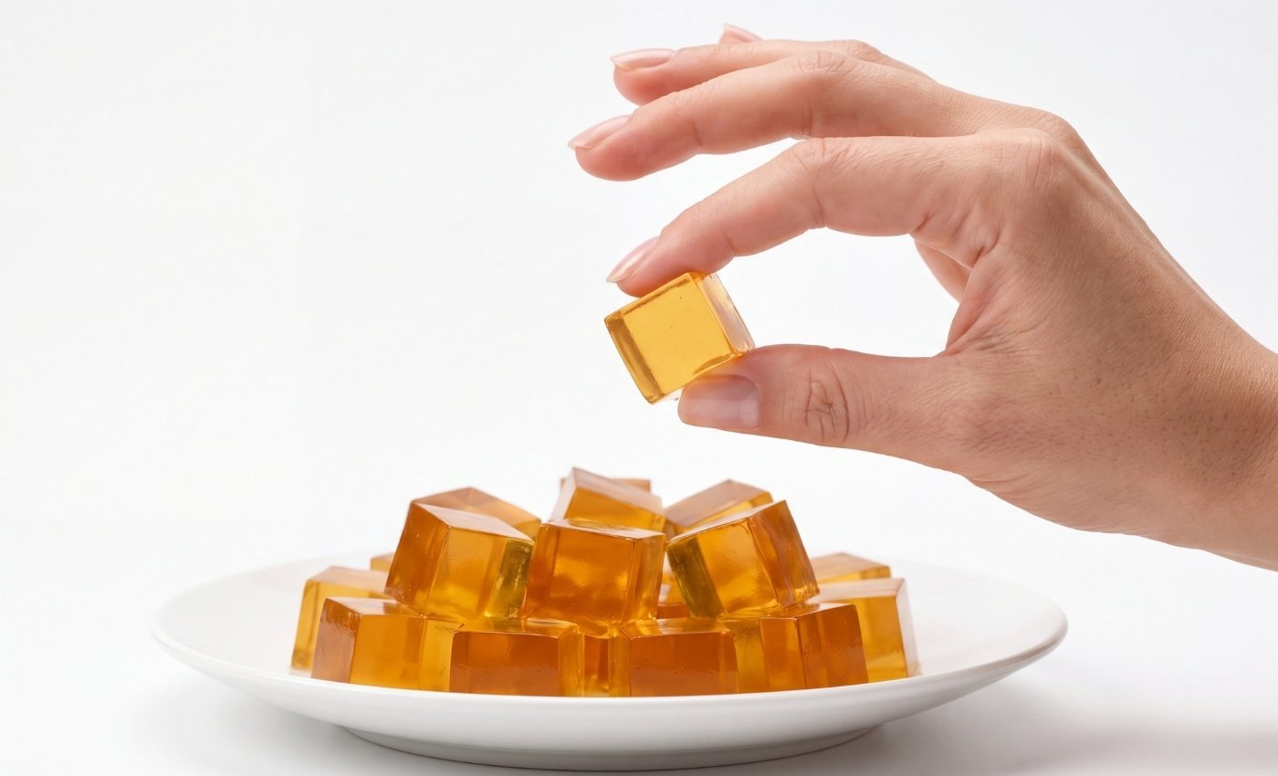 Hand picking up a golden-yellow gelatin cube from a plate filled with stacked cubes.