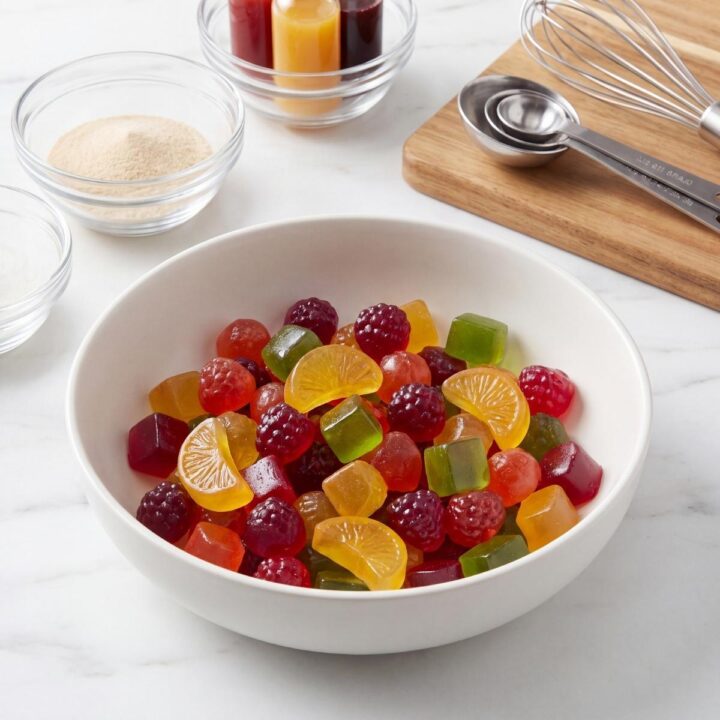 Bol blanc rempli de bonbons gélifiés colorés avec bols de poudre et ustensiles.