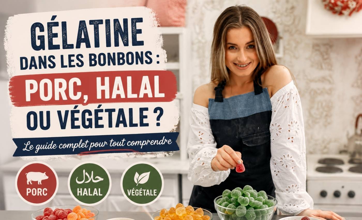 Femme tenant des bonbons gélifiés avec le titre du guide sur la gélatine dans les bonbons.