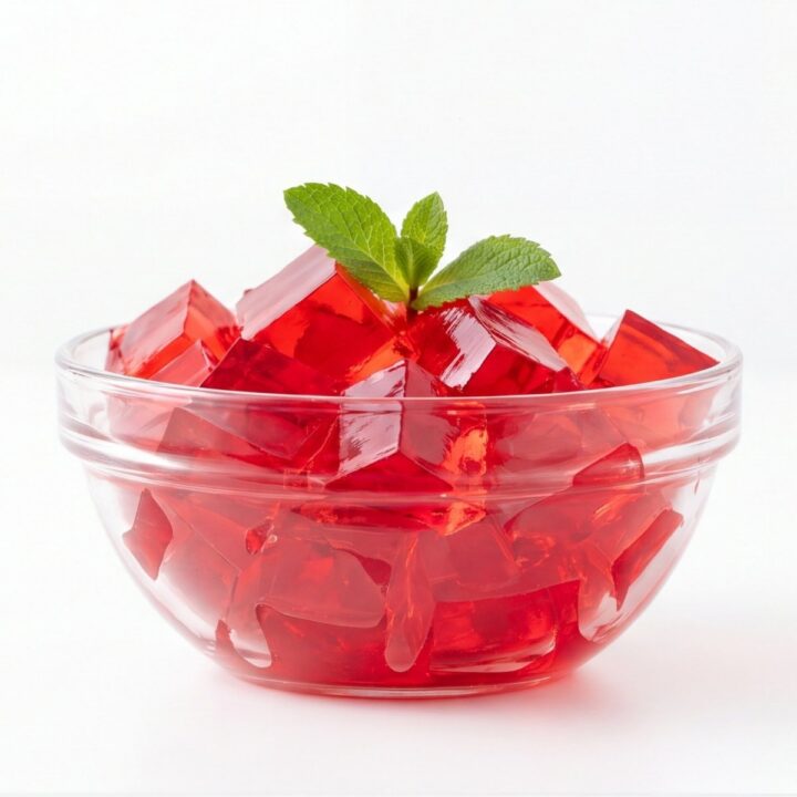 Petits cubes de gelée rouge disposés dans un bol en verre transparent avec une garniture de menthe fraîche sur le dessus.