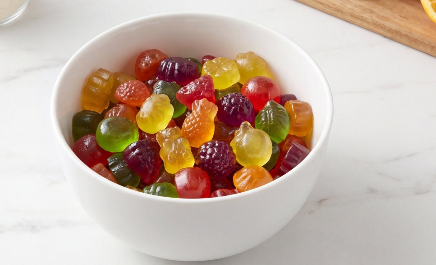 Bol blanc rempli de bonbons vegan colorés à l'agar-agar.