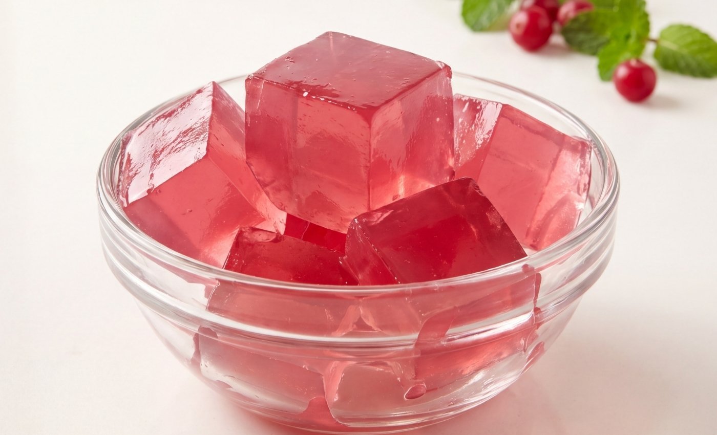 Recette gelée rose pour maigrir en cubes dans un bol en verre.