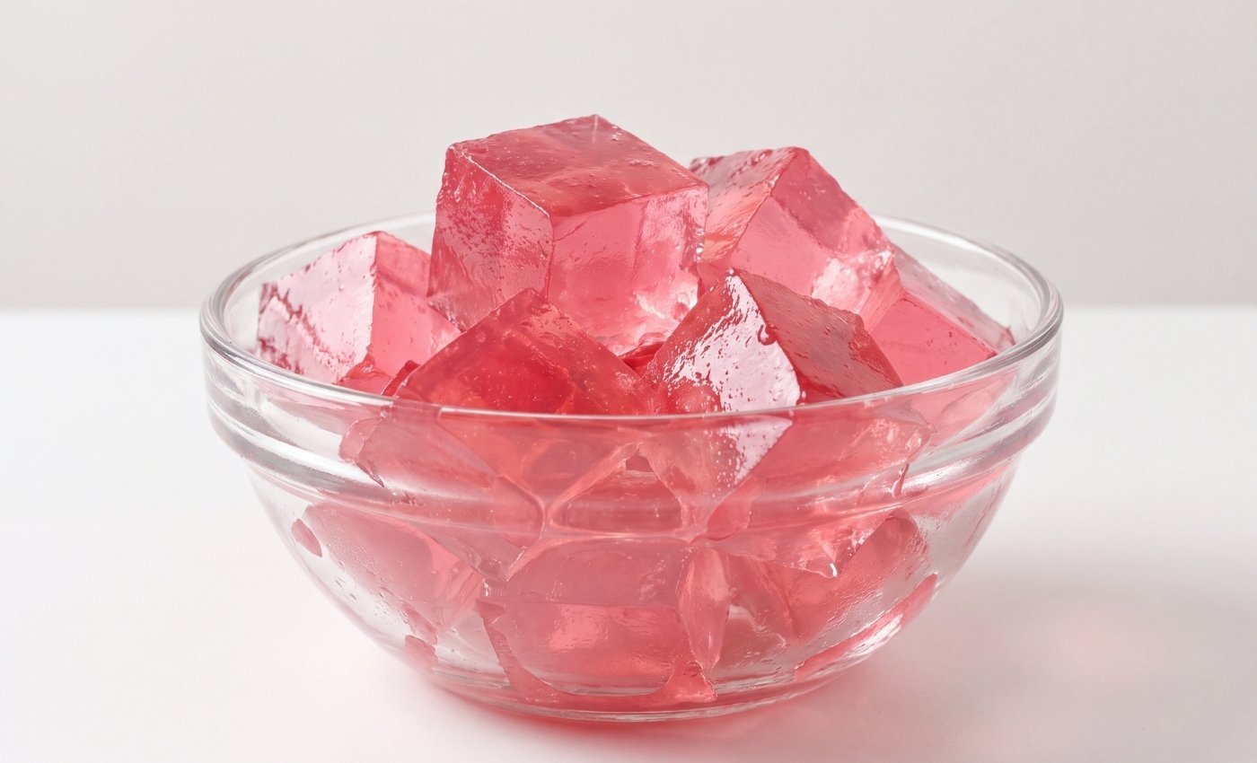 Cubes de gelée rose pour maigrir présentés dans un bol en verre transparent.