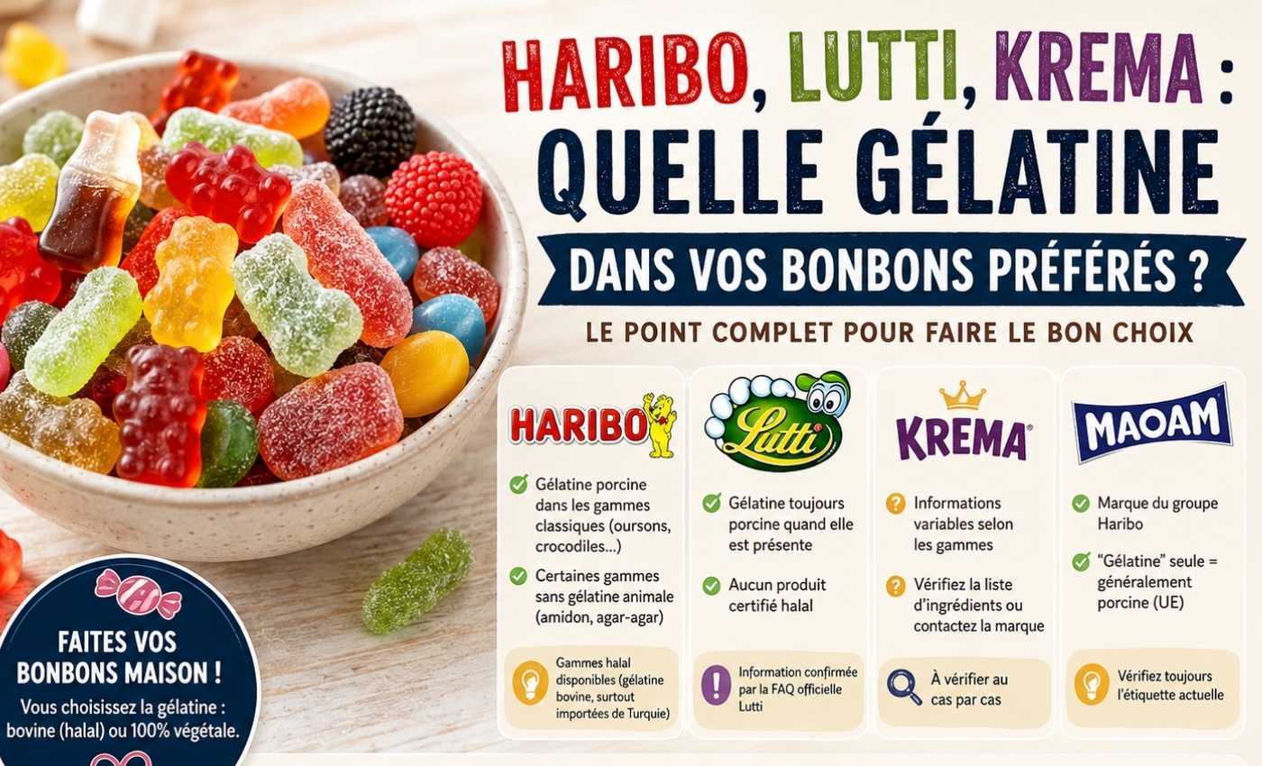 Infographie récapitulative de la gélatine par marque de bonbons (Haribo, Lutti, Krema, Maoam).
